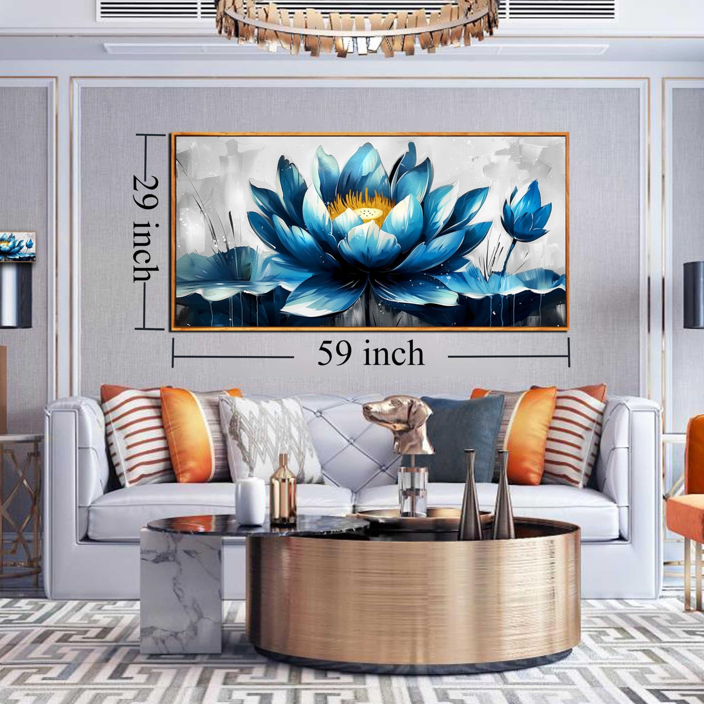 Ouzzlie Große Blumen-Wanddekoration, blaue Wandkunst für Wohnzimmer, goldene Kunst, Lotus-Poster für Zuhause und Büro, 73,7 x 149,9 cm 