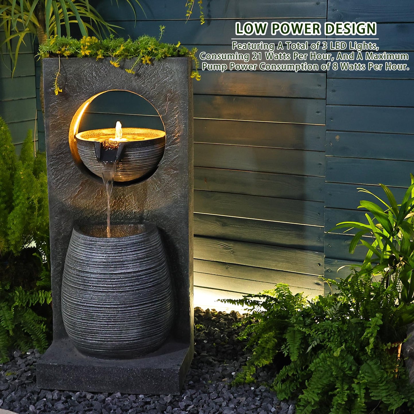 Fontaine à eau extérieure intérieure - Fontaine de jardin moderne en cascade autoportante avec surface incurvée et design artistique avec lumières LED et bande lumineuse pour décoration intérieure, patio, cour, piscine, 95 cm de haut 