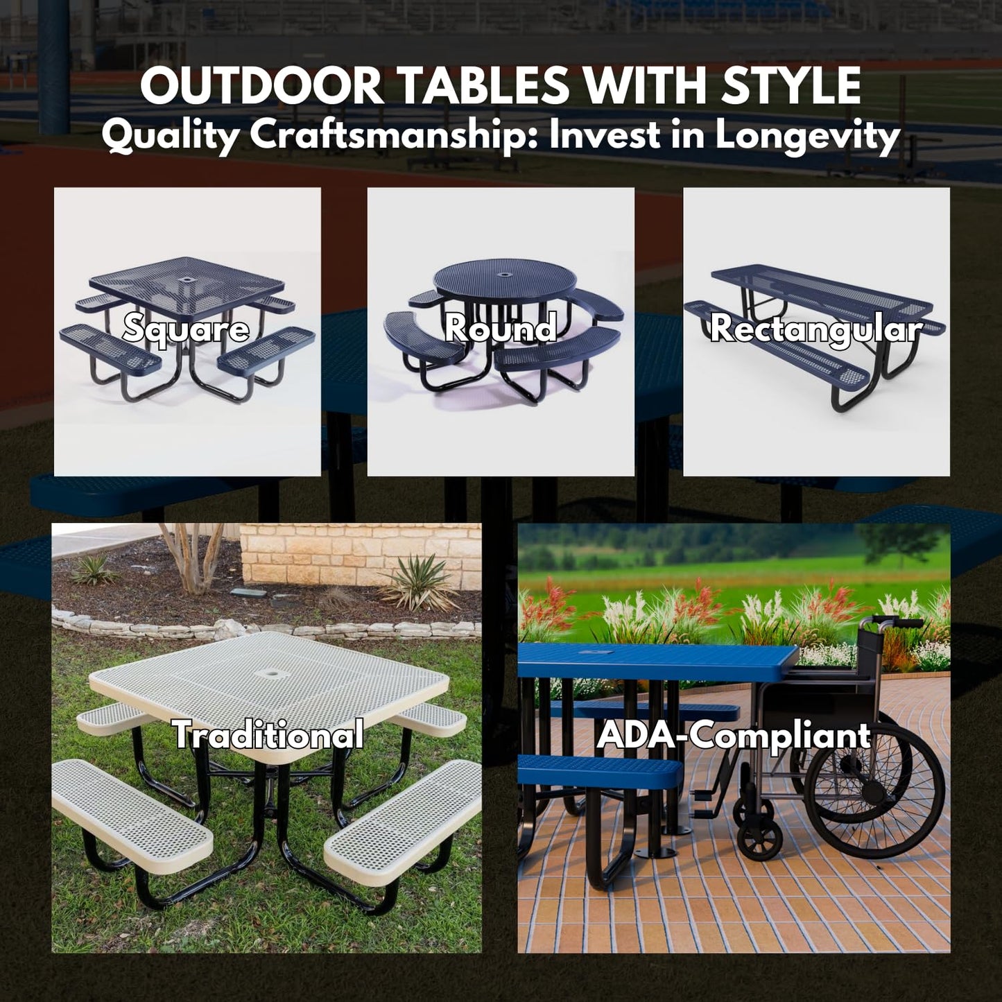 Coated Outdoor Furniture Heavy-Duty Portable Outdoor Picnic Table with Umbrella Hole, Expanded Metal Commercial-Grade Patio Dining Furniture Made in America (46" Square Top, Green)