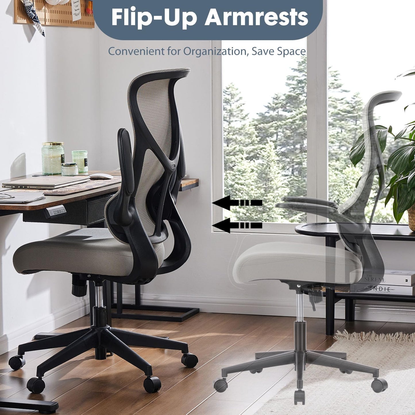 Ergonomic Mesh Office Chair, High Back Desk Chair with 2D Headrest, Up&Down Lumbar Support, Swivel Computer Task Chair with Adjustable Flip-up Armrests,Black