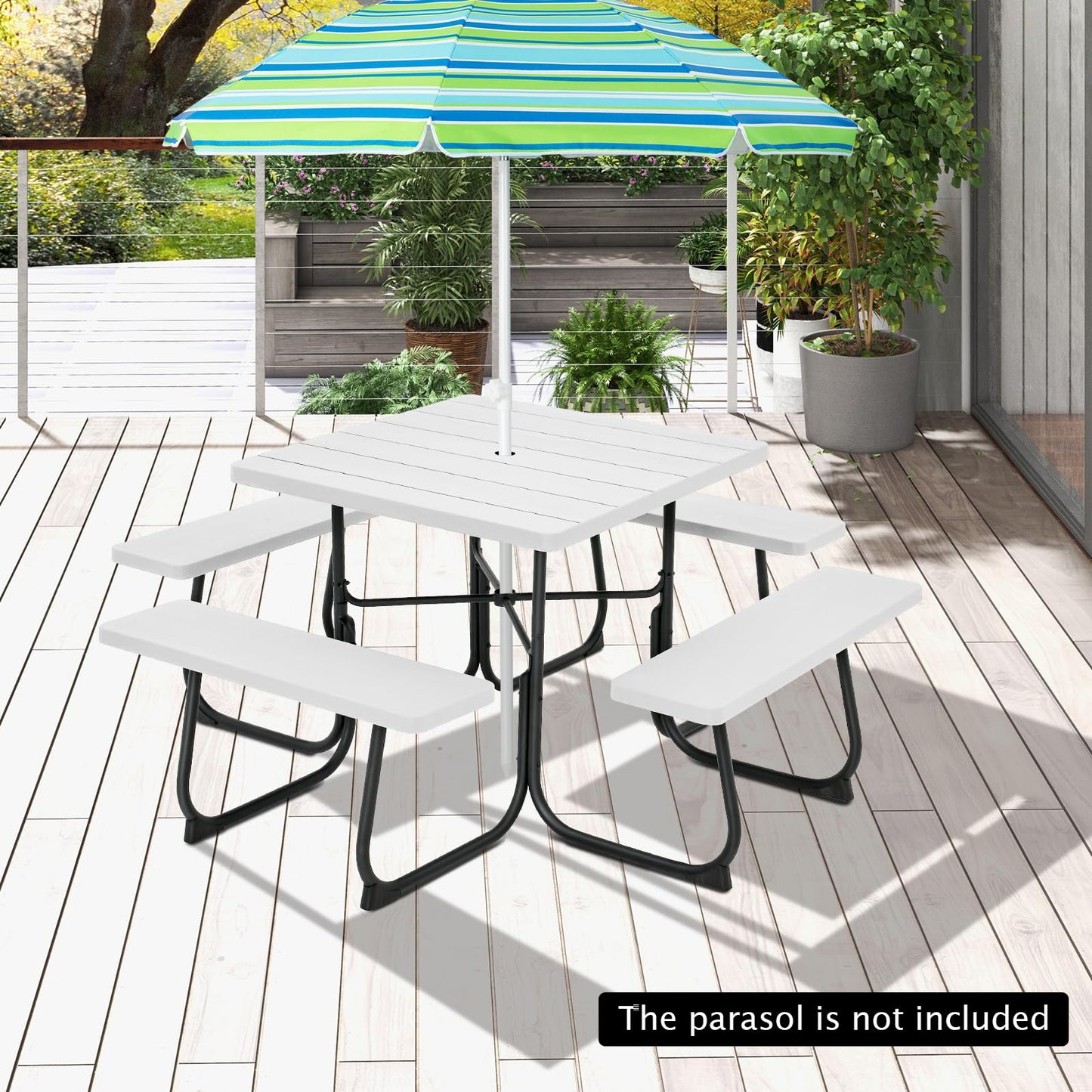 Giantex Picnic Table Set for 4-8 Persons, Outdoor Table and Bench Set with Umbrella Hole, HDPE Top & Metal Frame, 500LBS Capacity, Square Patio Table Bench Set for Deck Backyard Garden (White)