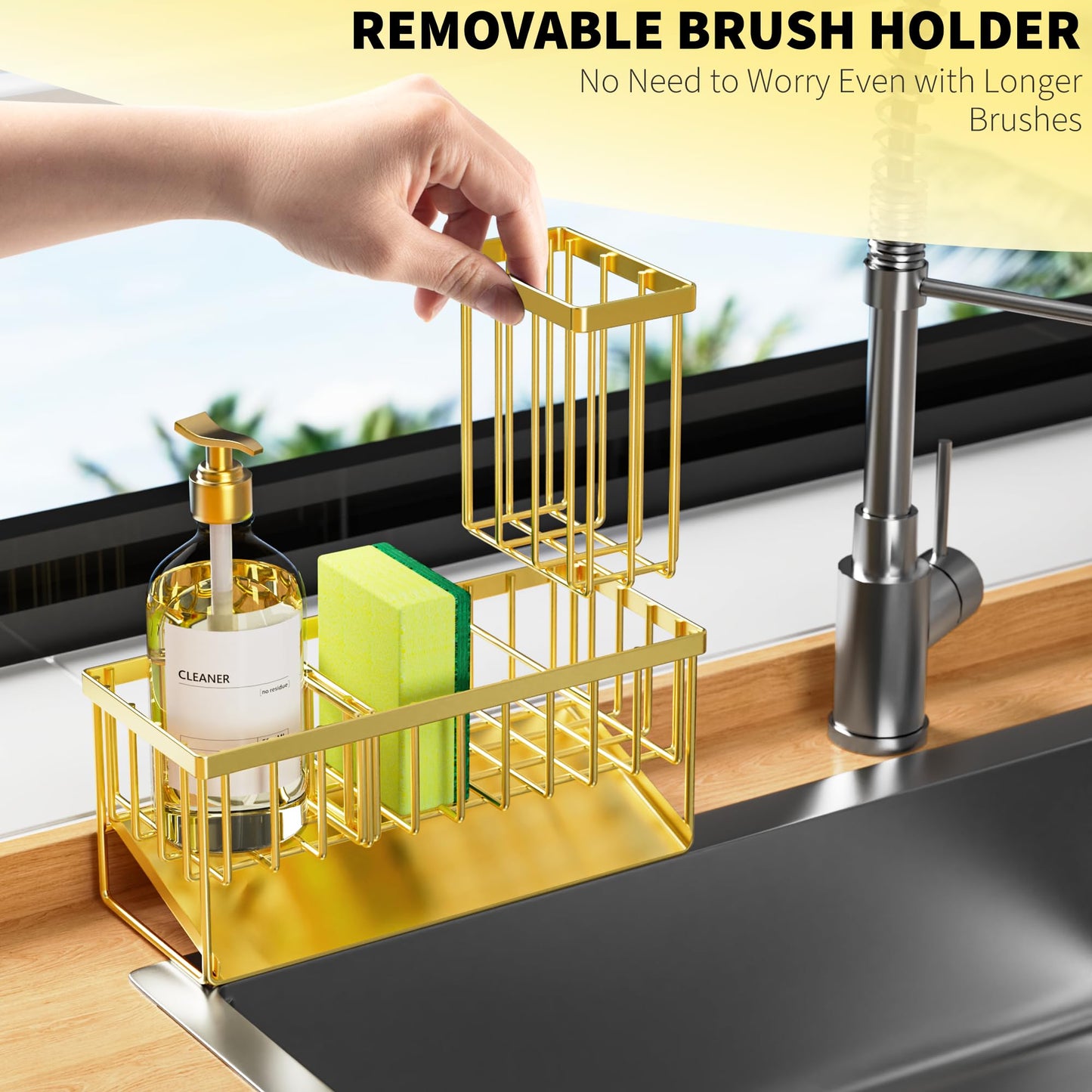 Kitchen Sink Caddy Organzier with High Brush Holder, Sponge Holder for Sink, 304 Rustproof Stainless, Kitchen Countertop Soap Dispenser Organizer, Kitchen Decor and Accessories