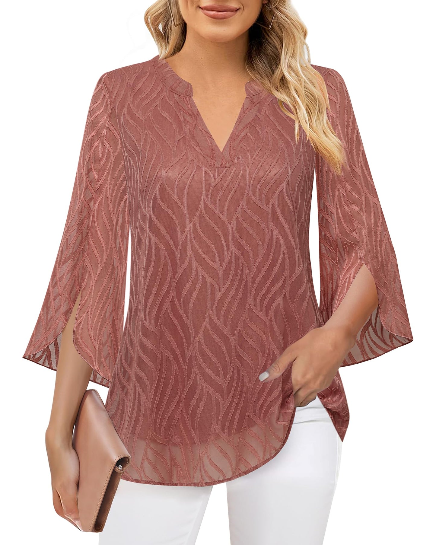 Timeson Women's 3/4 Sleeve Chiffon Blouse Shirt V Neck Dressy Tunic Tops