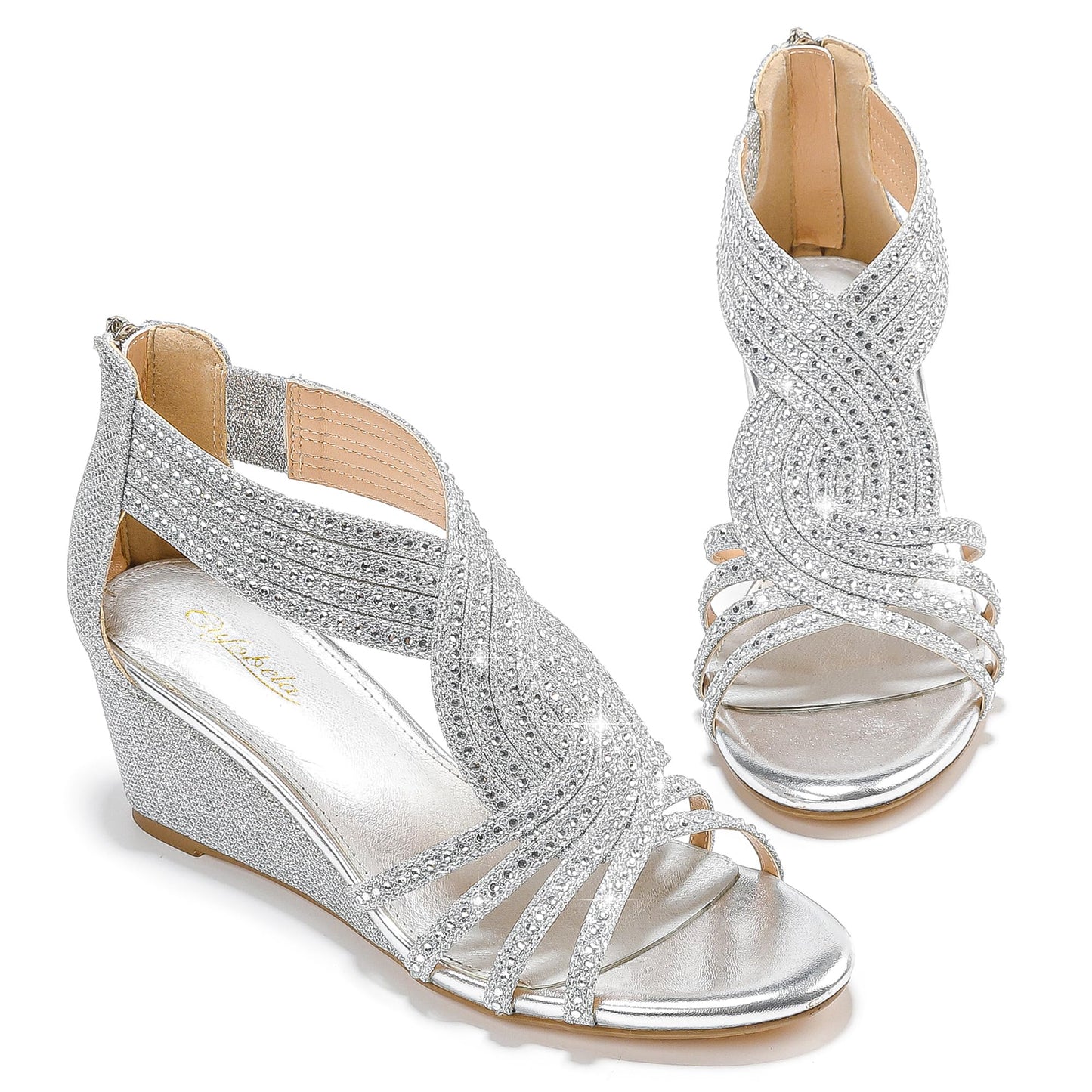 Damen Keilsandalen mit glitzernden Strasssteinen, offene Zehenpartie, modische, elegante Sandalen für Abendveranstaltungen, Hochzeiten und Abschlussbälle 