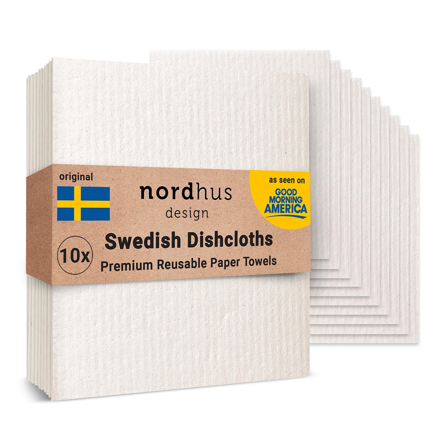 Nordhus Design Swedish Dishcloths for Kitchen, 10 Cloths, Made in Sweden - Reusable, Washable Cellulose Cotton Kitchen Cloths - Replace Paper Towels, Wipes, Sponges, Dish Rags