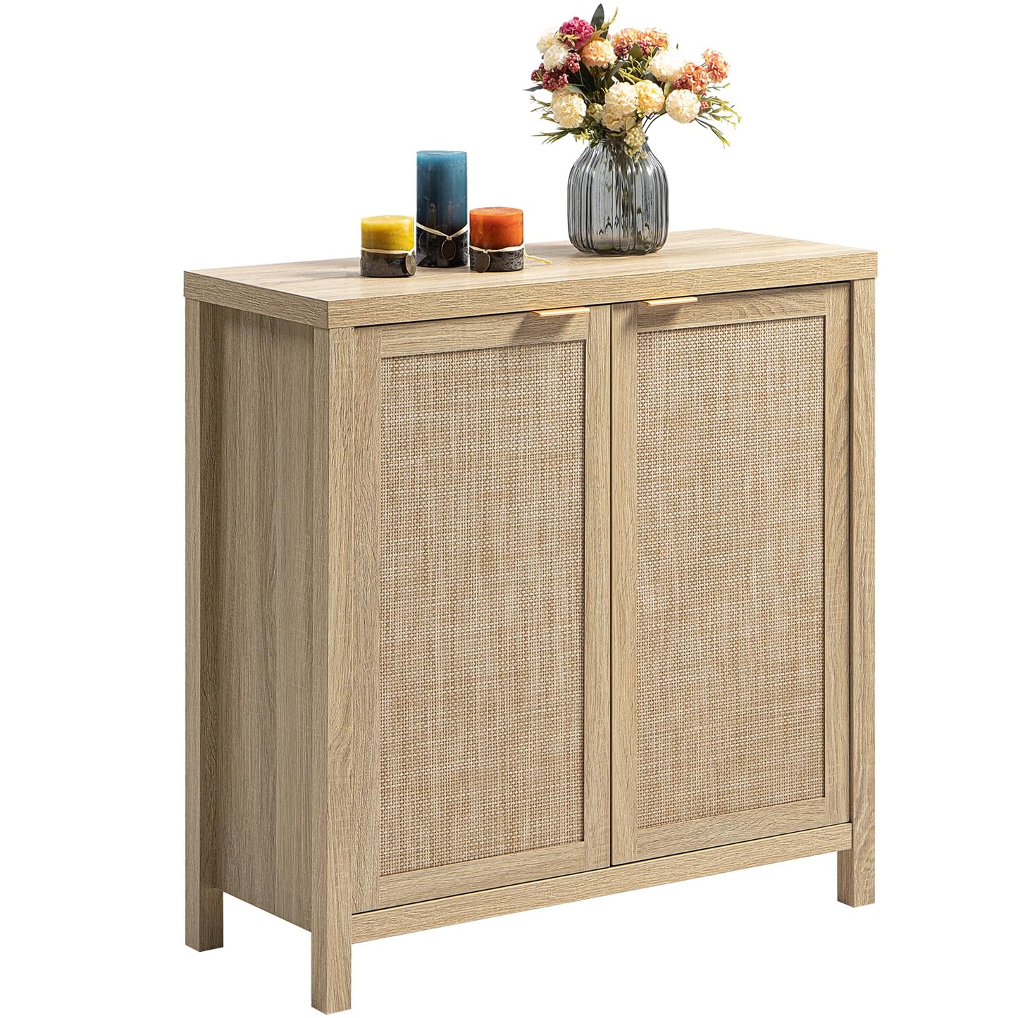 SICOTAS Rattan-Sideboard, Buffetschrank – großer Küchenschrank im Boho-Stil mit Rattan-Aufbewahrung – Holz-Kaffeebar-Schrank, Buffet-Konsolentisch für Esszimmer, Wohnzimmer, Flur – Natur 