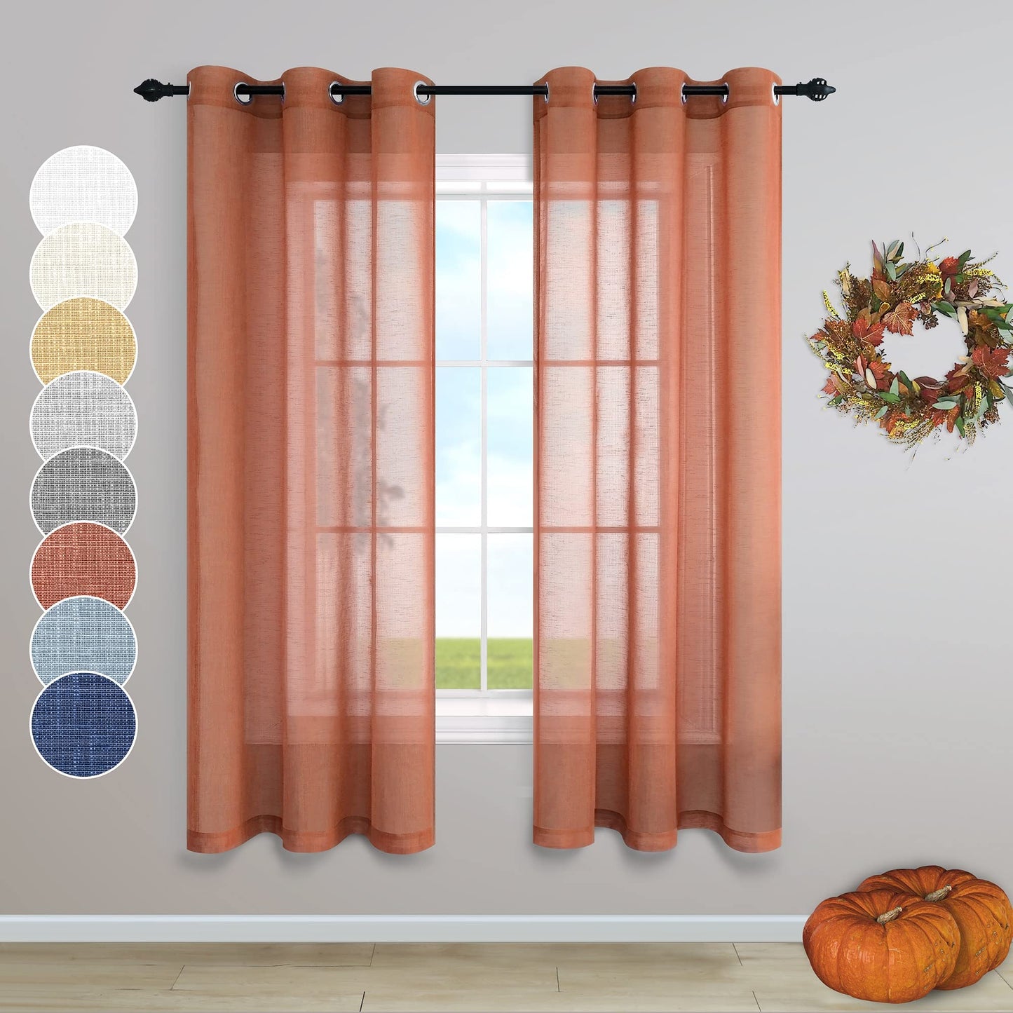 Burnt Orange Sheer Curtains 96 Inches Long for Living Room 2 Panel Set Grommet Window Coverings Pumpkin Winter Curtain for Dining Room Home Office Sunroom Cabin Closet Door Halloween Decor Brown 52x96