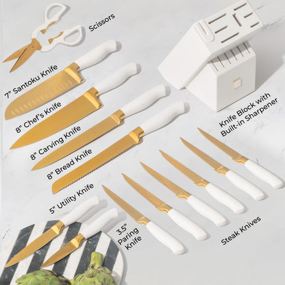 Copper Knife Set with Block - 14 PC Self Sharpening Knife Block Set