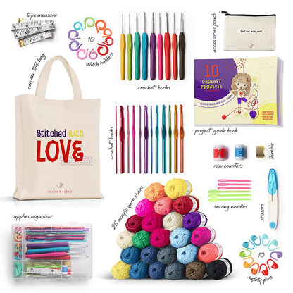 Crochet Kit for Beginners Adults and Kids, Knitting & Crochet Supplies Includes 1500 Yards Assorted Yarn