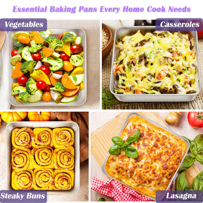 E-far Stainless Steel Baking Pan Set, 6-Piece Metal Bakeware Sets Include Cookie Sheet, Round Square Rectangle Cake Pans, Non-toxic & Dishwasher Safe
