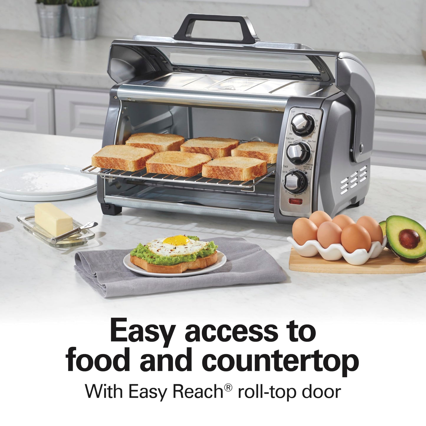 6 Slice Countertop Toaster Oven With Easy Reach Roll-Top Door, Bake, Broil & Toast Functions, Auto Shutoff, Silver (31127D)