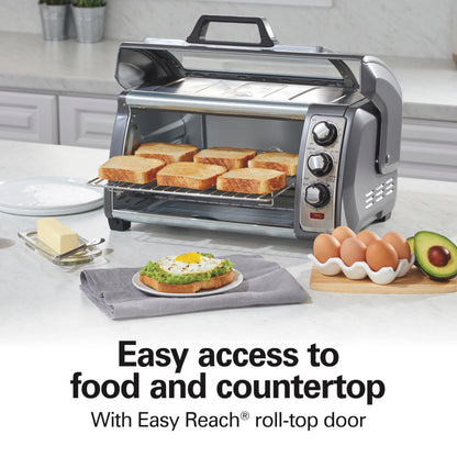 6 Slice Countertop Toaster Oven With Easy Reach Roll-Top Door, Bake, Broil & Toast Functions, Auto Shutoff, Silver (31127D)