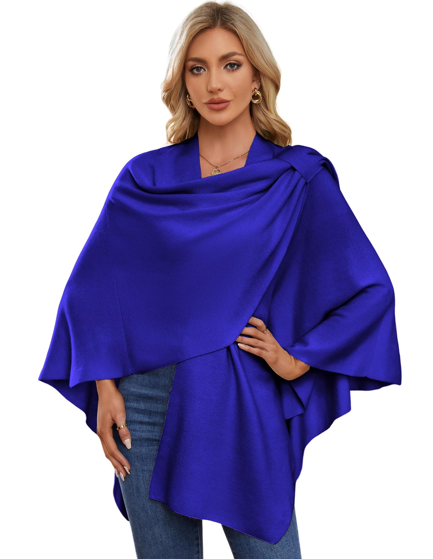 PULI Femmes Grand Poncho Croisé Sur Le Devant Pull Enveloppant Topper Tricoté Élégant Châles Cape pour l'Automne Hiver