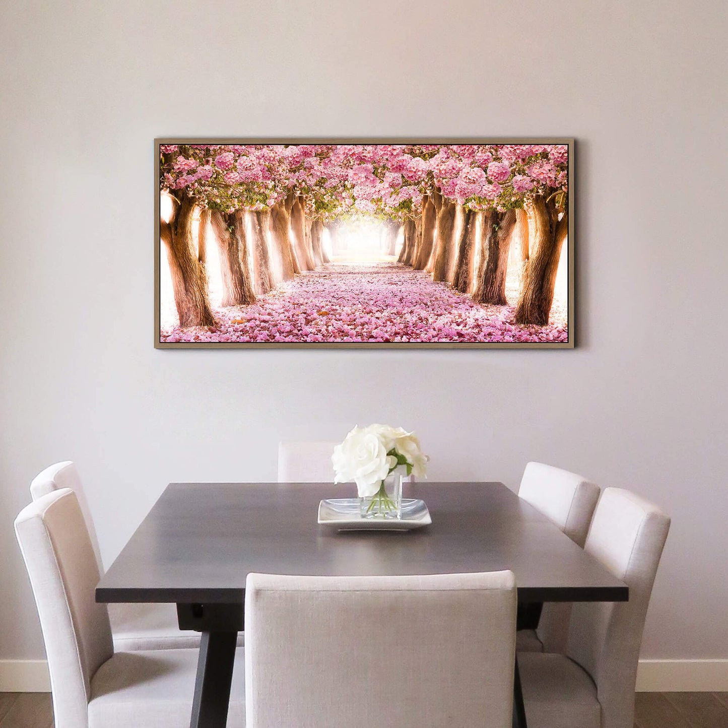 UTOP-art Tableau mural avec fleurs roses : paysage forestier, arbre, chemin, peinture sur toile enveloppée pour salon (36'' x 24'' x 1 panneau) 