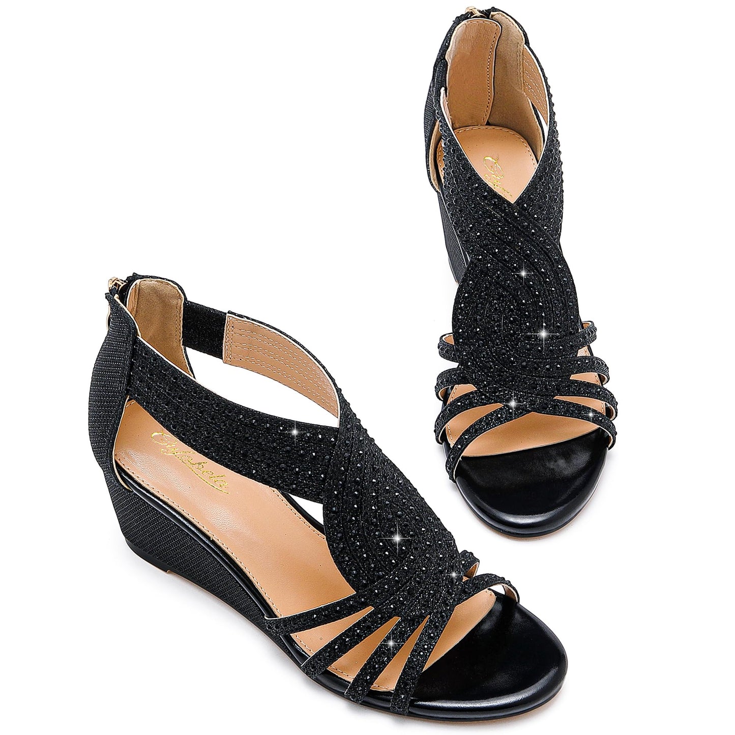 Damen Keilsandalen mit glitzernden Strasssteinen, offene Zehenpartie, modische, elegante Sandalen für Abendveranstaltungen, Hochzeiten und Abschlussbälle 