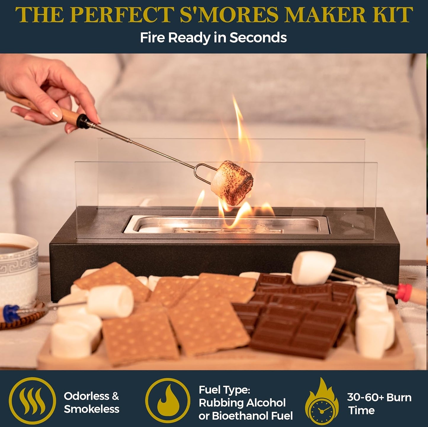 Tabletop Fire Pit with Smores Maker Kit Portable Indoor/Outdoor Mini Small Fireplace Table Top Decor Home Patio Gifts for Women Mom Her Wedding Housewarming Christmas Birthday White Elephant Gift