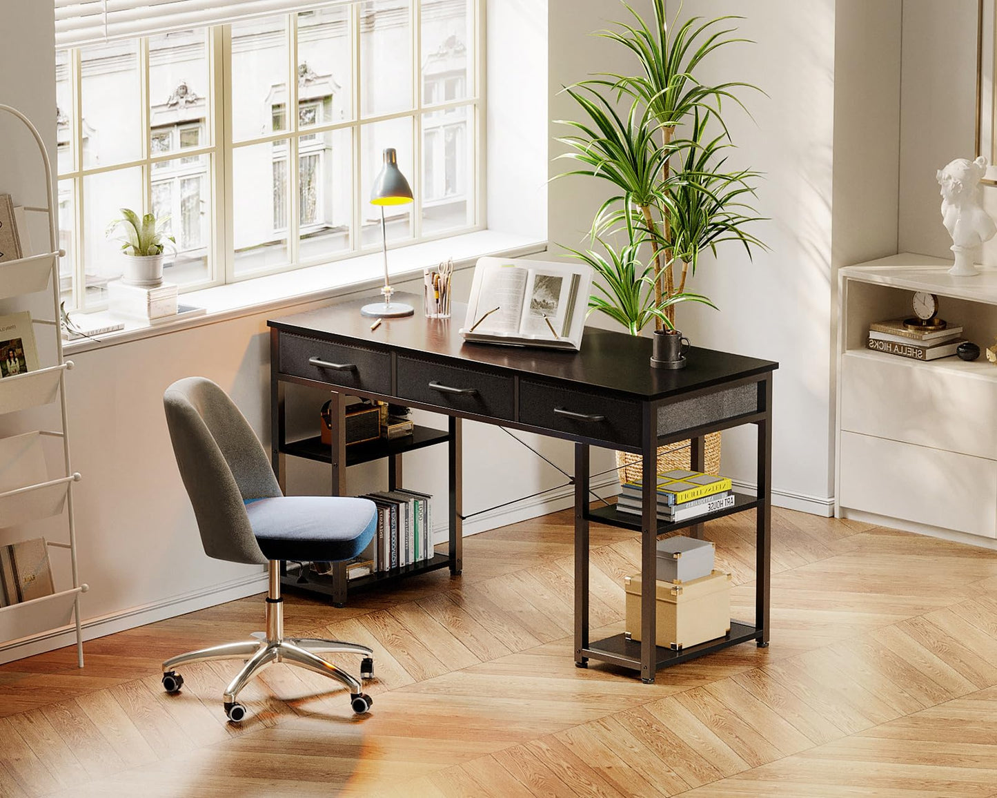 Bureau d'ordinateur de petite taille ODK : table de maison avec tiroirs en tissu et étagères de rangement, bureau d'écriture moderne, noir, 48"x16" 