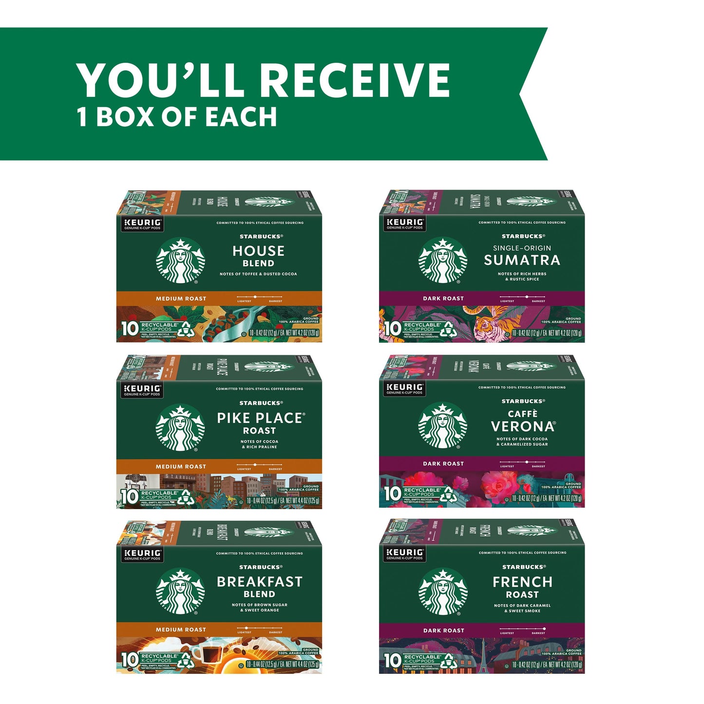 Starbucks K-Cup Coffee Pods, Naturally Flavored Coffee Variety Pack for Keurig Brewers, 100% Arabica, 1 Box (40 Pods)