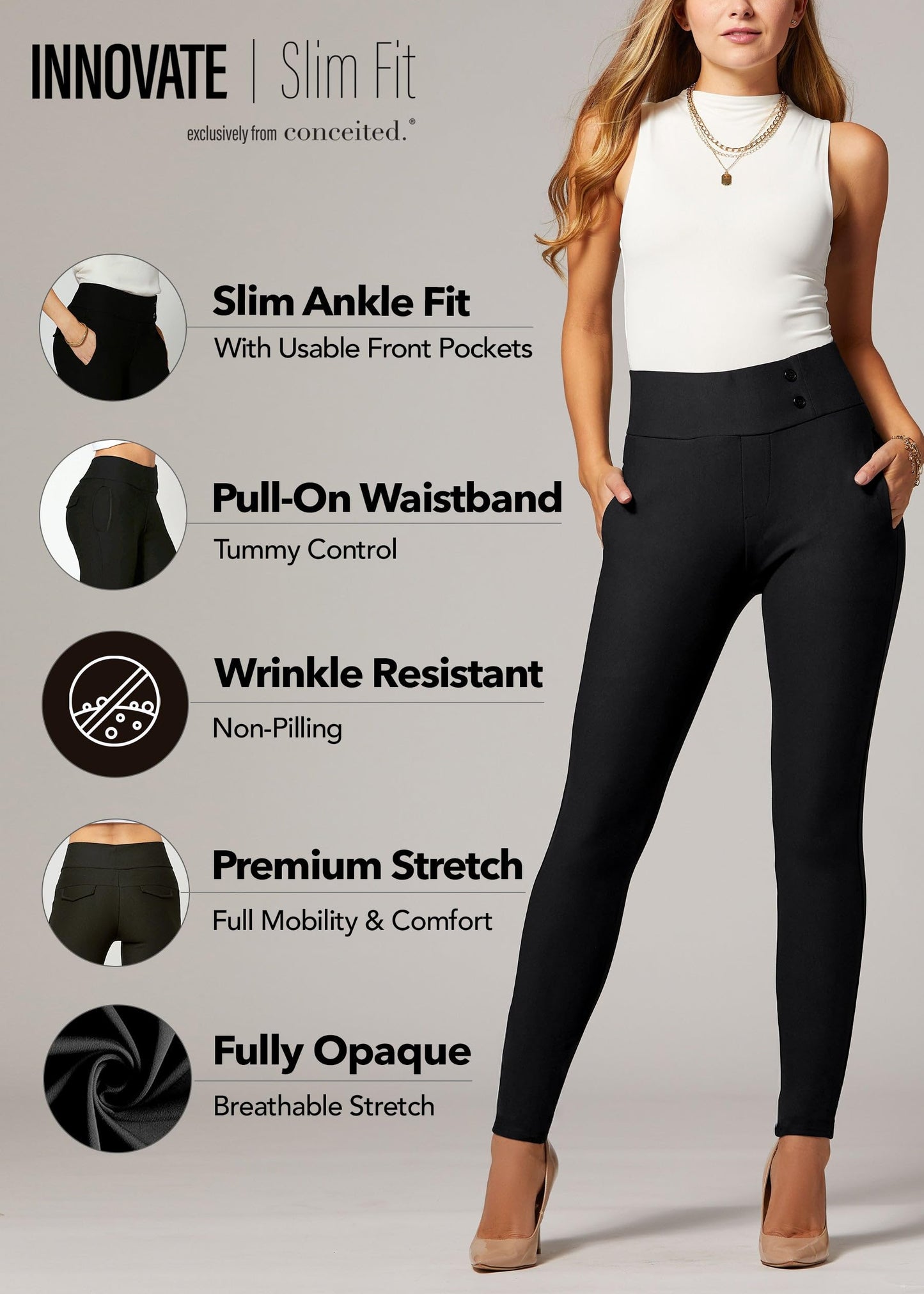 Conceited Dress Pants Women - Stretchy - Tummy Control - All Day Comfort Wear to Work - Womens Pants in Regular and Plus Size