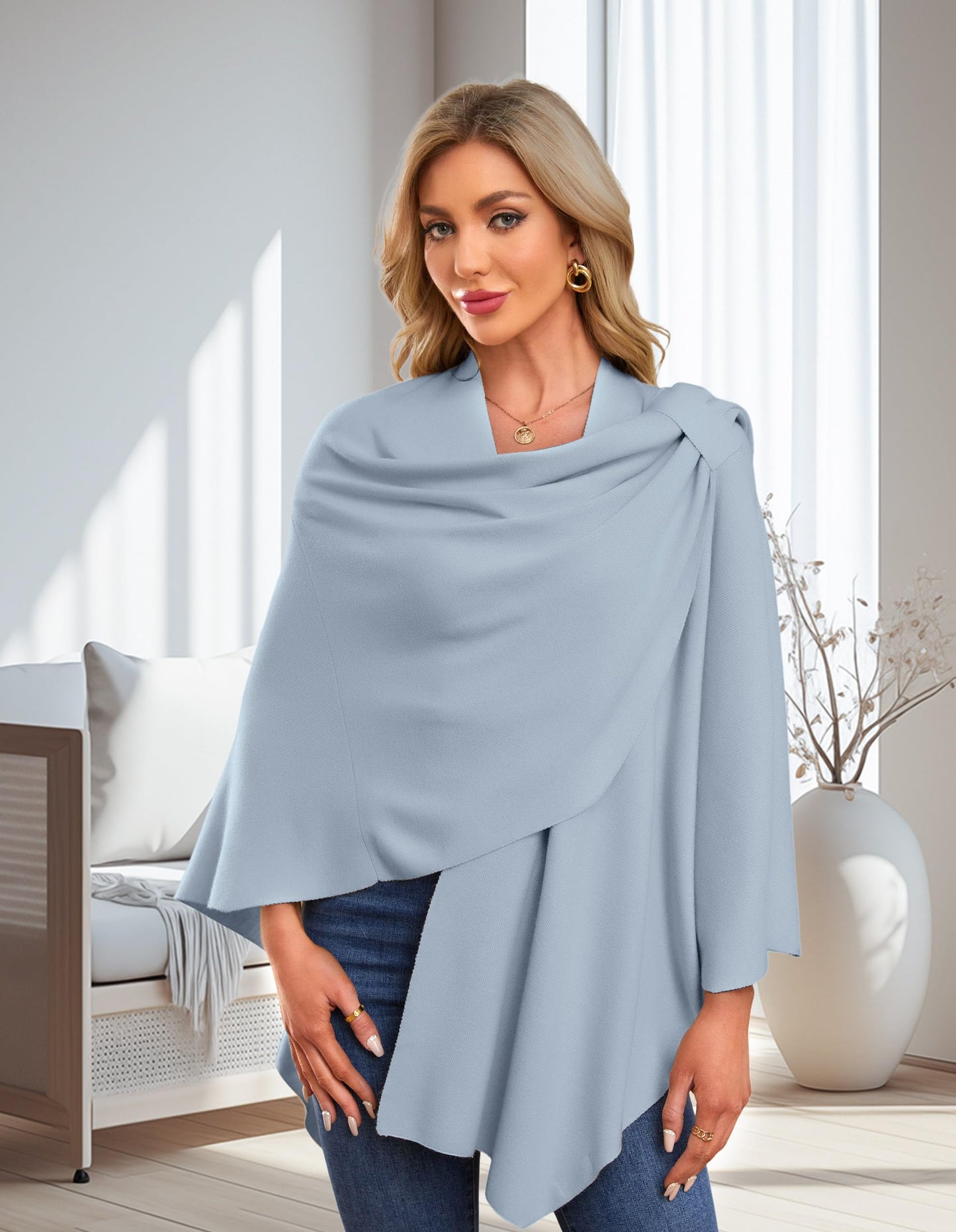 PULI Femmes Grand Poncho Croisé Sur Le Devant Pull Enveloppant Topper Tricoté Élégant Châles Cape pour l'Automne Hiver