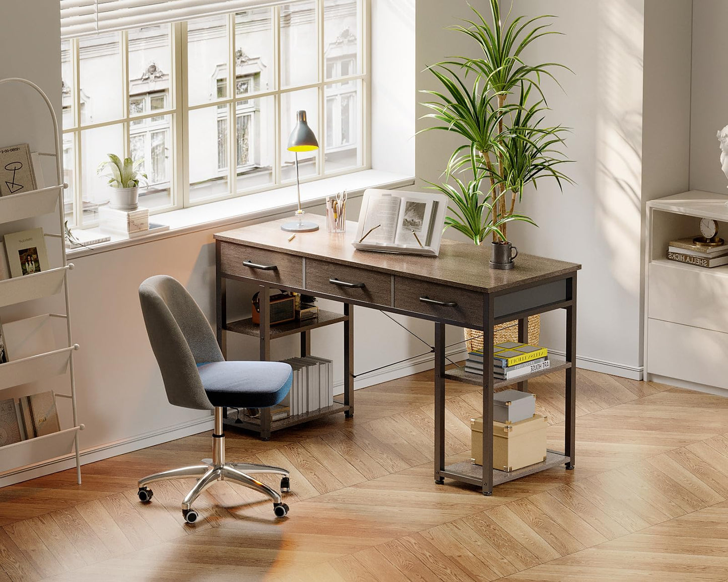 Bureau d'ordinateur de petite taille ODK : table de maison avec tiroirs en tissu et étagères de rangement, bureau d'écriture moderne, noir, 48"x16" 