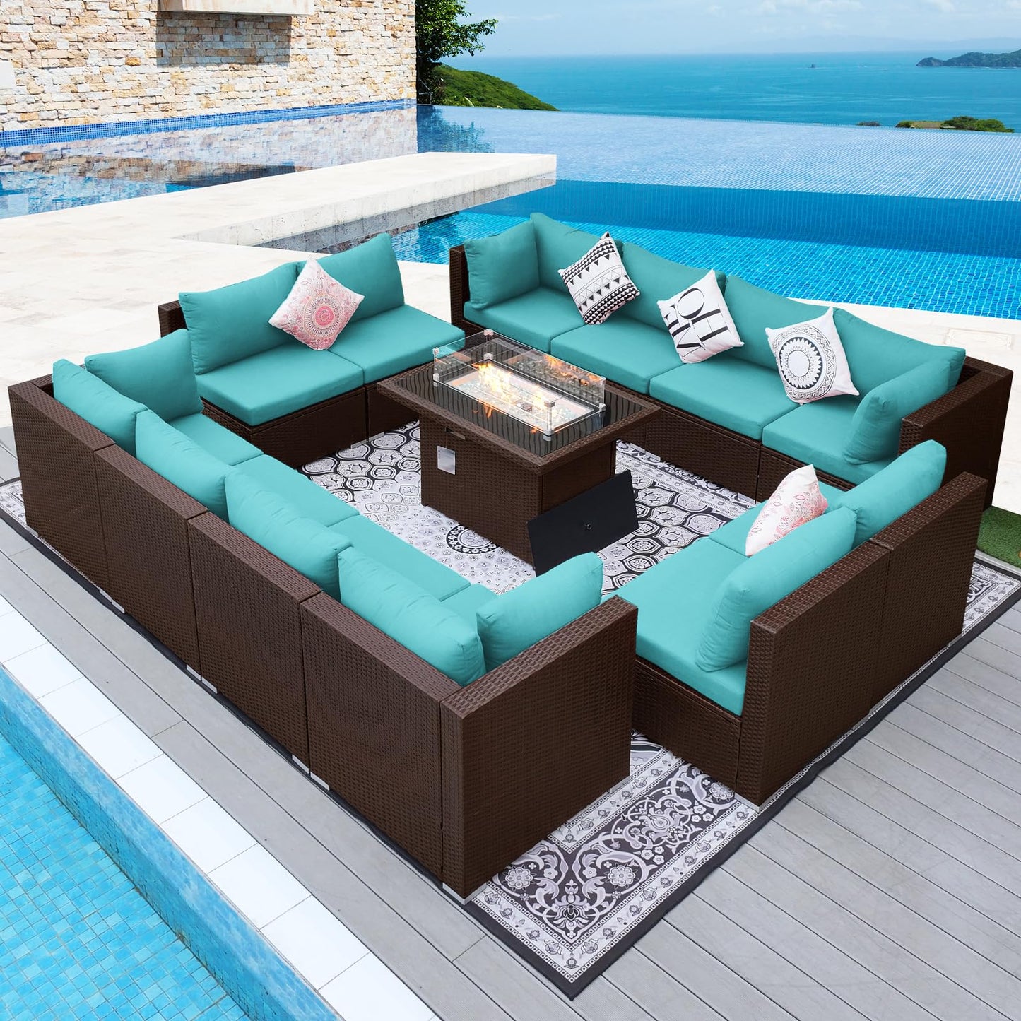 NICESOUL® 13-teiliges großes Luxus-Sofaset für die Terrasse mit Feuerstelle für Erdgas/Propan, 74 cm hohe Rückenlehne, Garten-Sitzgruppe, Gartensofa aus PE-Rattan, dunkelgrau 