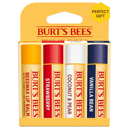 Lip Balm - Beeswax, Strawberry, Coconut and Pear, and Vanilla Bean, With Responsibly Sourced Beeswax, Tint-Free, Natural Origin Lip Treatment, 4 Tubes, 0.15 oz.