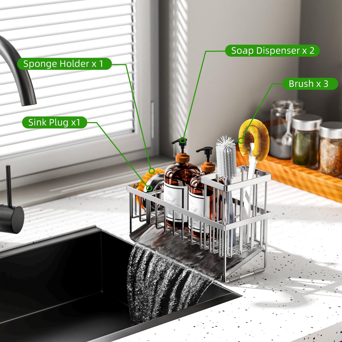 Kitchen Sink Caddy Organzier with High Brush Holder, Sponge Holder for Sink, 304 Rustproof Stainless, Kitchen Countertop Soap Dispenser Organizer, Kitchen Decor and Accessories