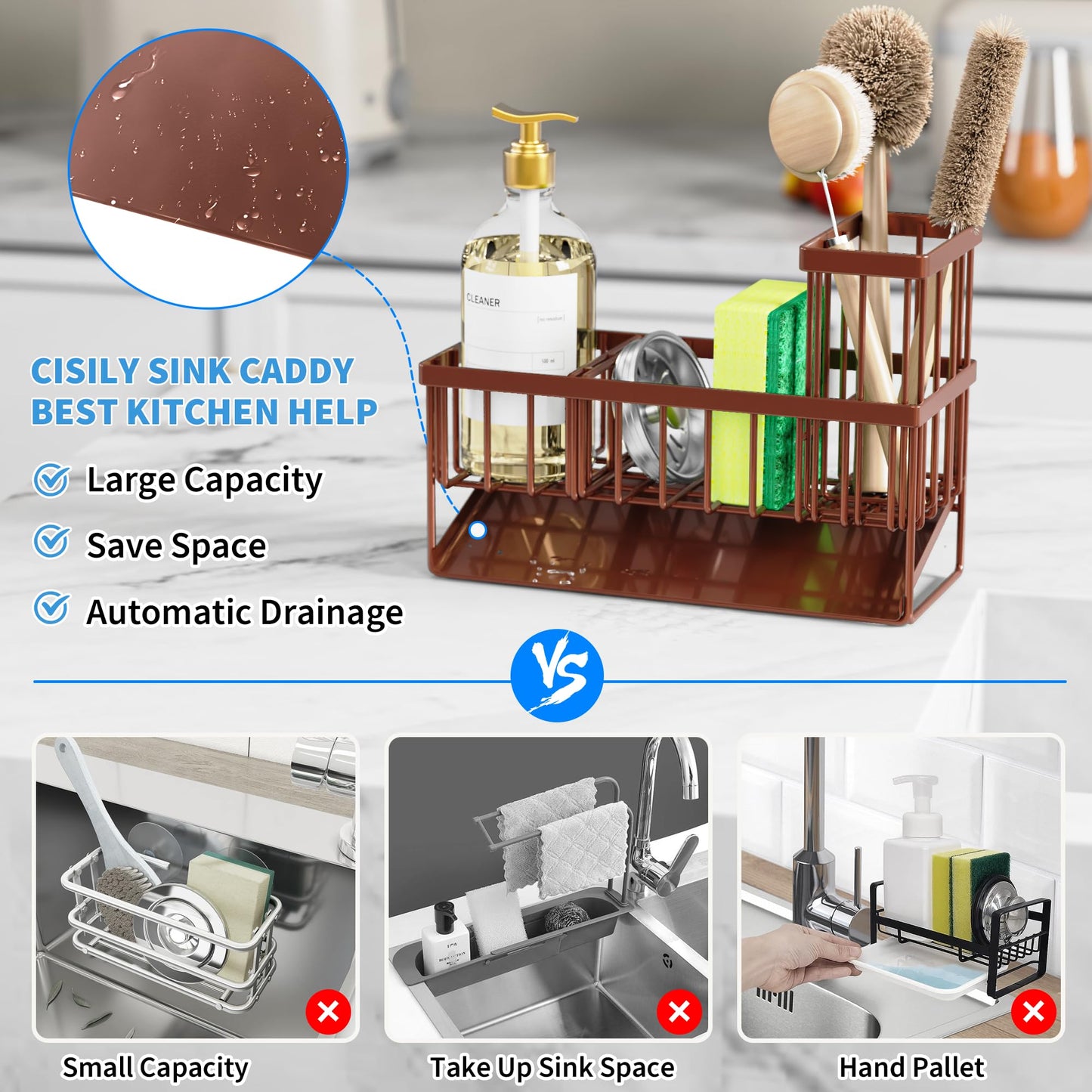 Cisily Kitchen Sink Caddy, Sponge Holder for Kitchen Sink, Kitchen Sink Organzier and Storage with High Brush Holder, Rustproof 304 Stainless Kitchen Gadgets Sink Accessories, Organizadores de Cocina