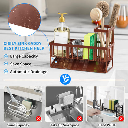 Kitchen Sink Caddy Organzier with High Brush Holder, Sponge Holder for Sink, 304 Rustproof Stainless, Kitchen Countertop Soap Dispenser Organizer, Kitchen Decor and Accessories