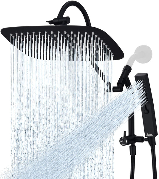 Pommeau de douche tout en métal G-Promise de 12 pouces avec mode de massage à main, pommeau de douche à effet pluie avec combo de pulvérisation à main, inverseur à 3 voies avec réglage de pause, bras d'extension réglable de 13 pouces (noir mat)