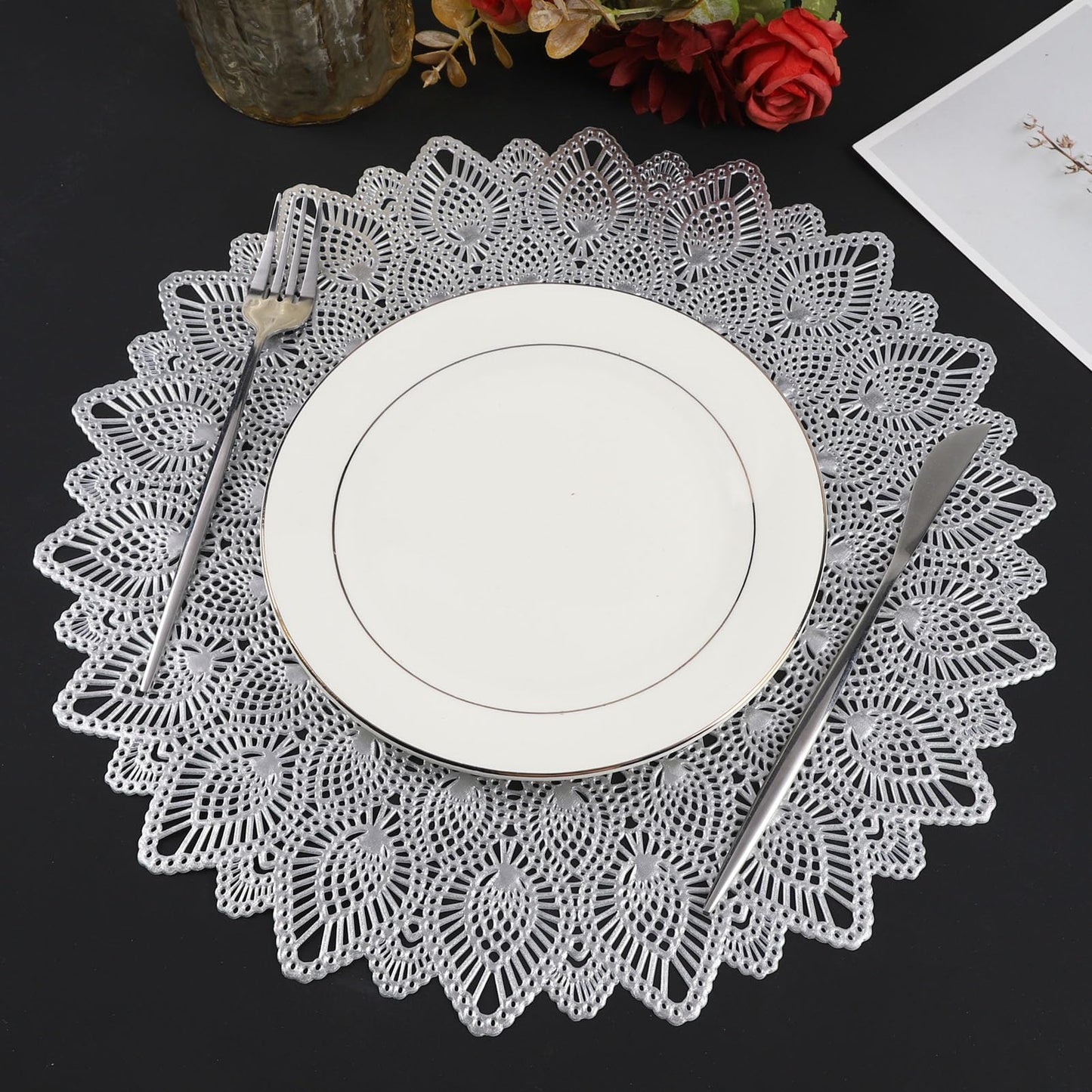 Silver Round Placemats, Hollow Out Washable and Wipeable Place Mats, Pressed Vinyl Table Mats Set of 6 for Anniversary Dinner Kitchen Decorations