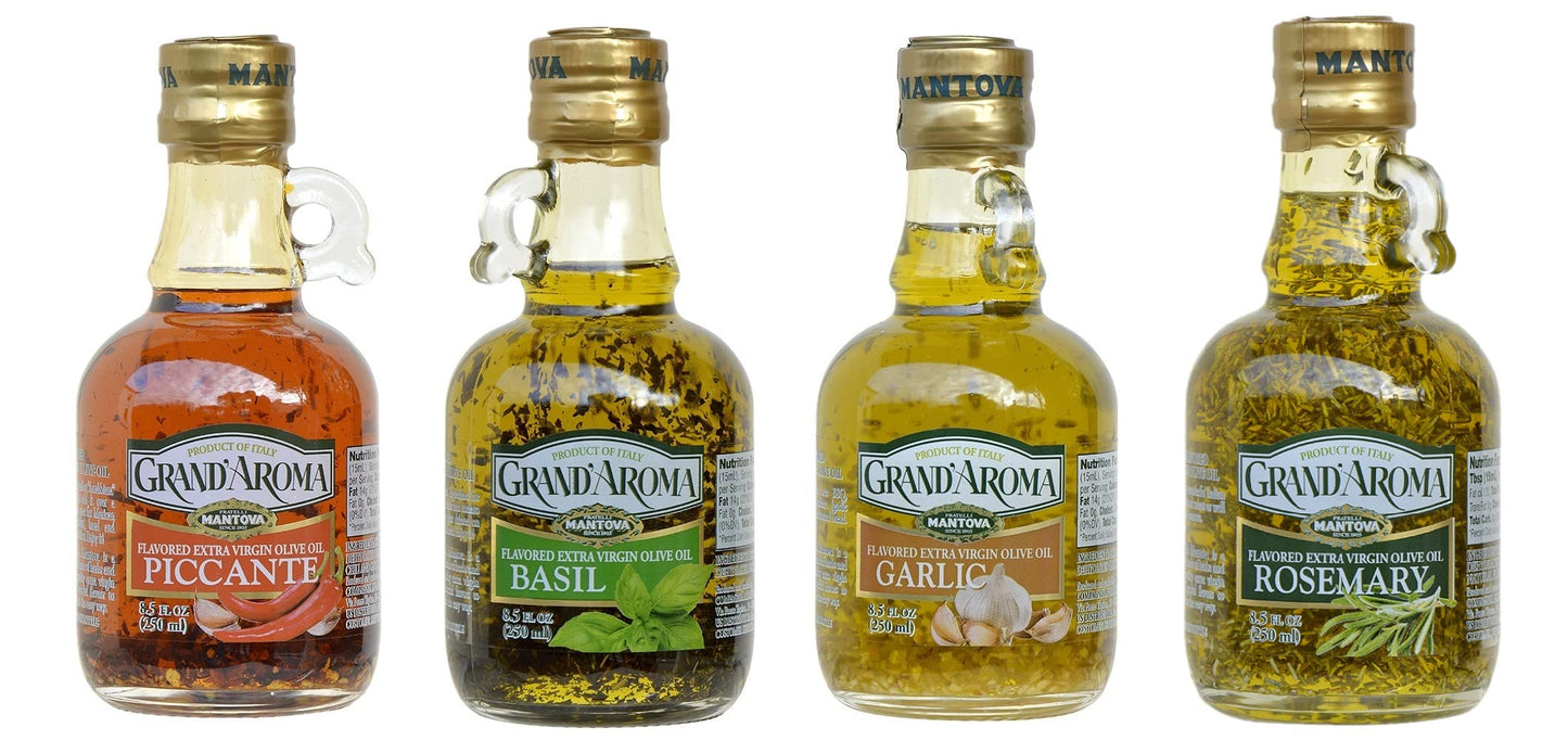 Huiles d'olive extra vierges aromatisées Mantova Grand'Aroma, coffret cadeau varié, fabriquées en Italie, pressées à froid, 100 % naturelles, bonnes pour le cœur, pour griller, faire des barbecues, fumer et cuisiner, 250 ml (lot de 4) 