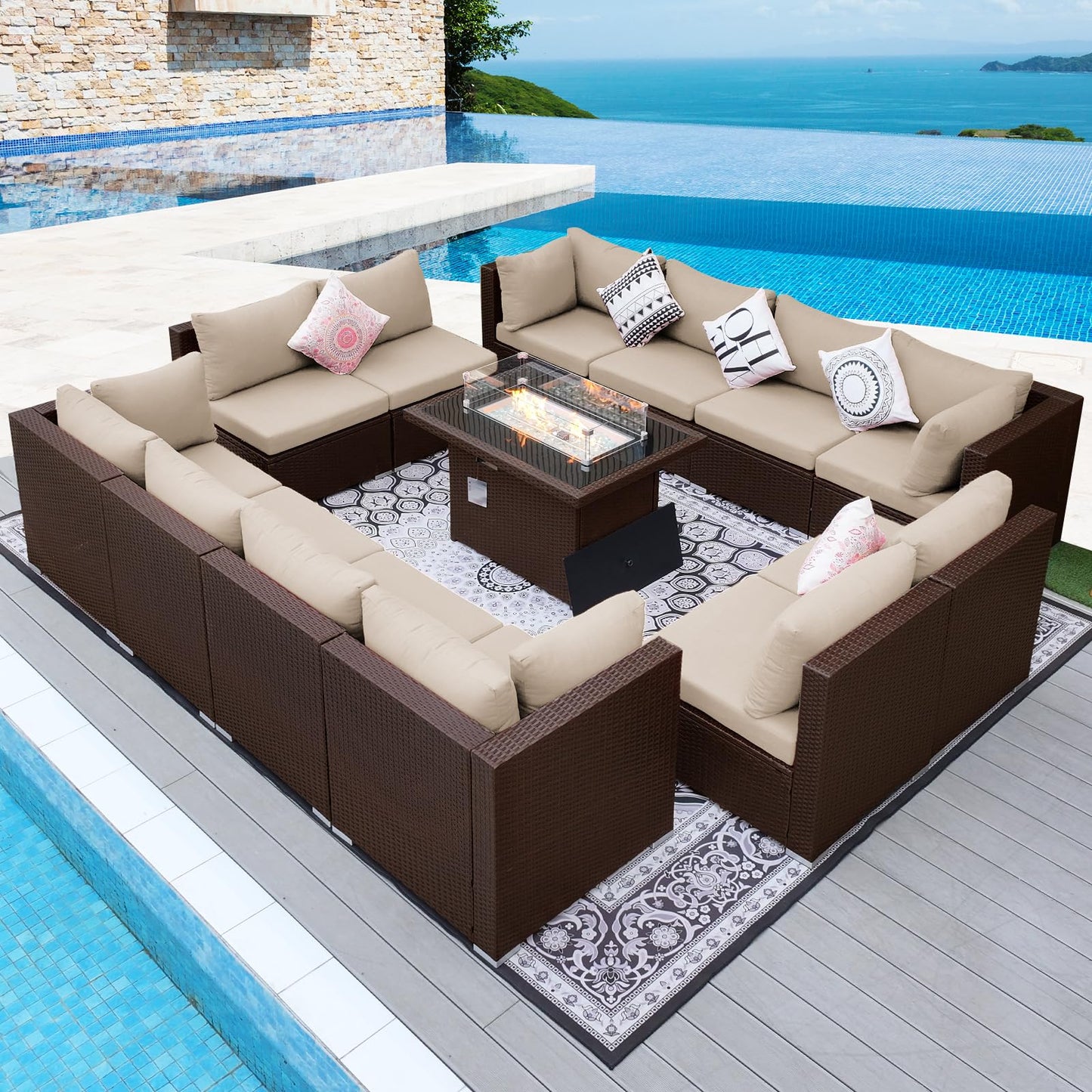 NICESOUL® 13-teiliges großes Luxus-Sofaset für die Terrasse mit Feuerstelle für Erdgas/Propan, 74 cm hohe Rückenlehne, Garten-Sitzgruppe, Gartensofa aus PE-Rattan, dunkelgrau 