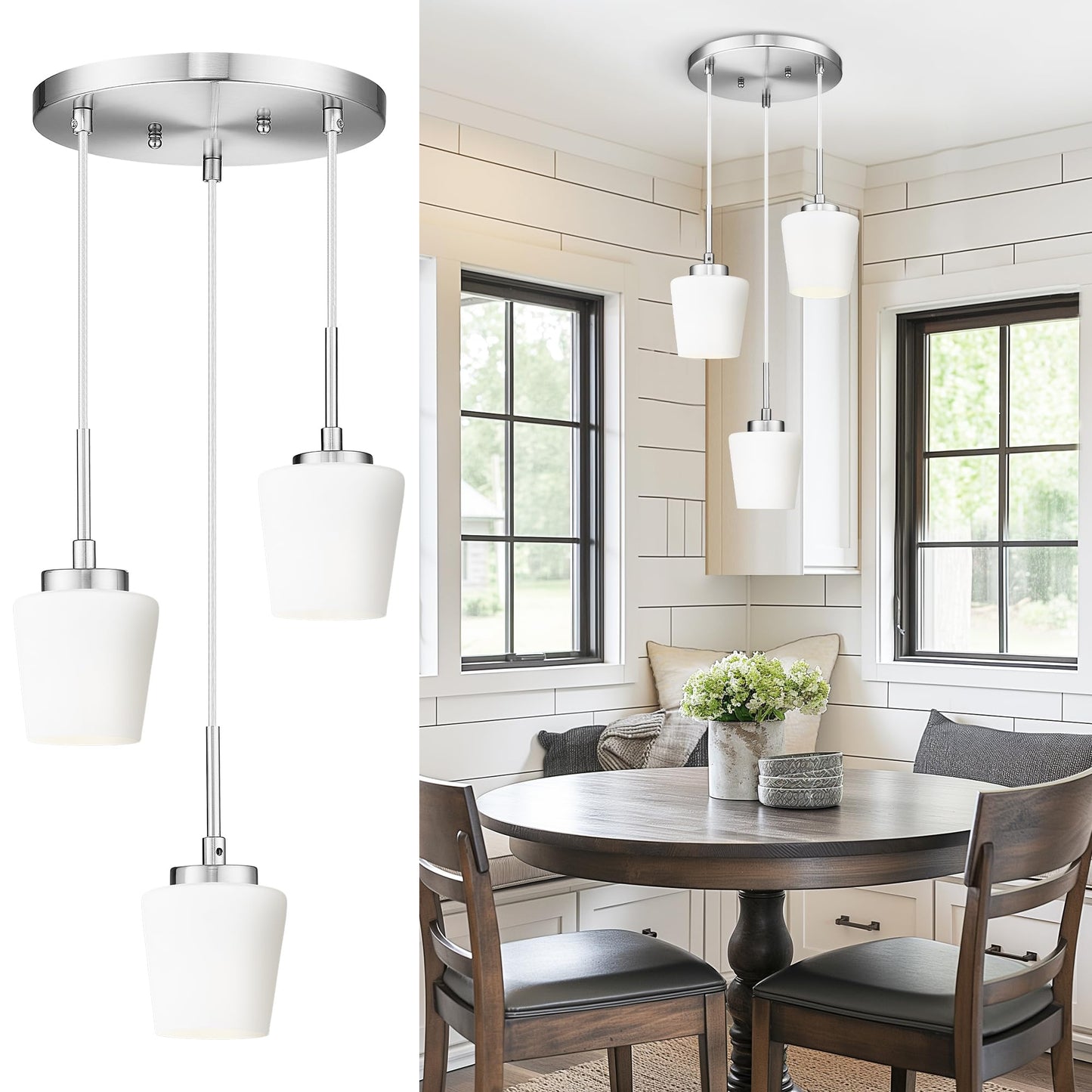 3-Light Pendant Light Fixtures, Brushed Gold Dining Room Light Fixture Over Table, Adjustable Kitchen Island Lighting with Milk White Glass, Farmhouse Hanging Light Fixture, AD-22004-3P-GD