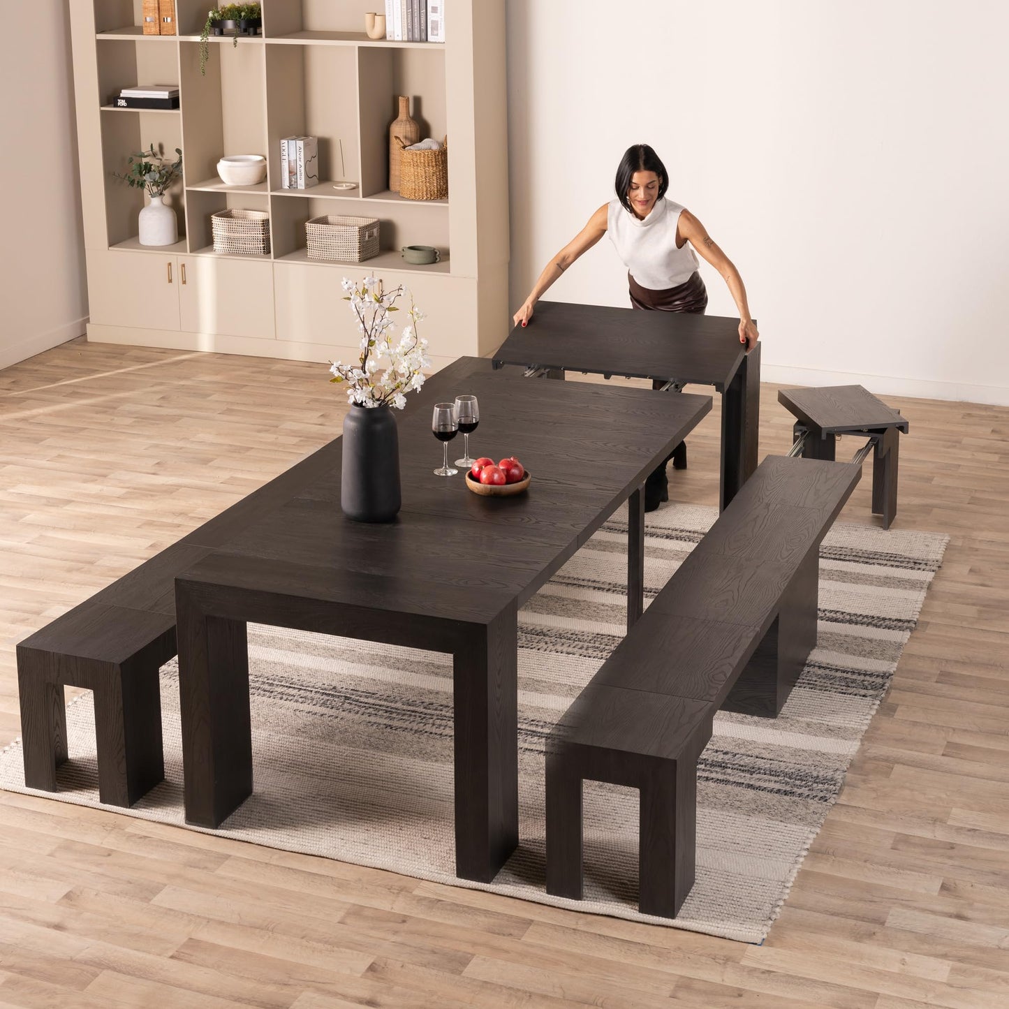 Transformer Table Dining Table Set for 4 to 12, Extendable Wood Dining Table with Expandable Bench, Small Space Furniture, Kitchen Table Set (Dark Grey, Table + Bench)