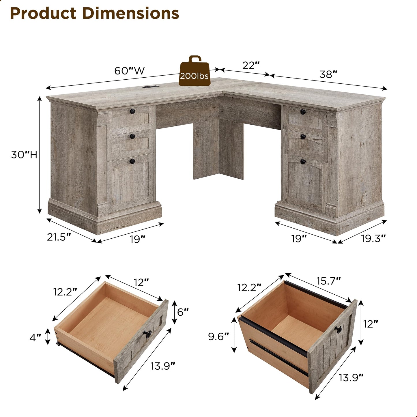 OKD 60" Executive Desk with Drawers, Farmhouse Home Office Desk with Charging Station, Keyboard Tray, File Cabinet Storage, Wood Computer Desk for Work and Study, Antique White