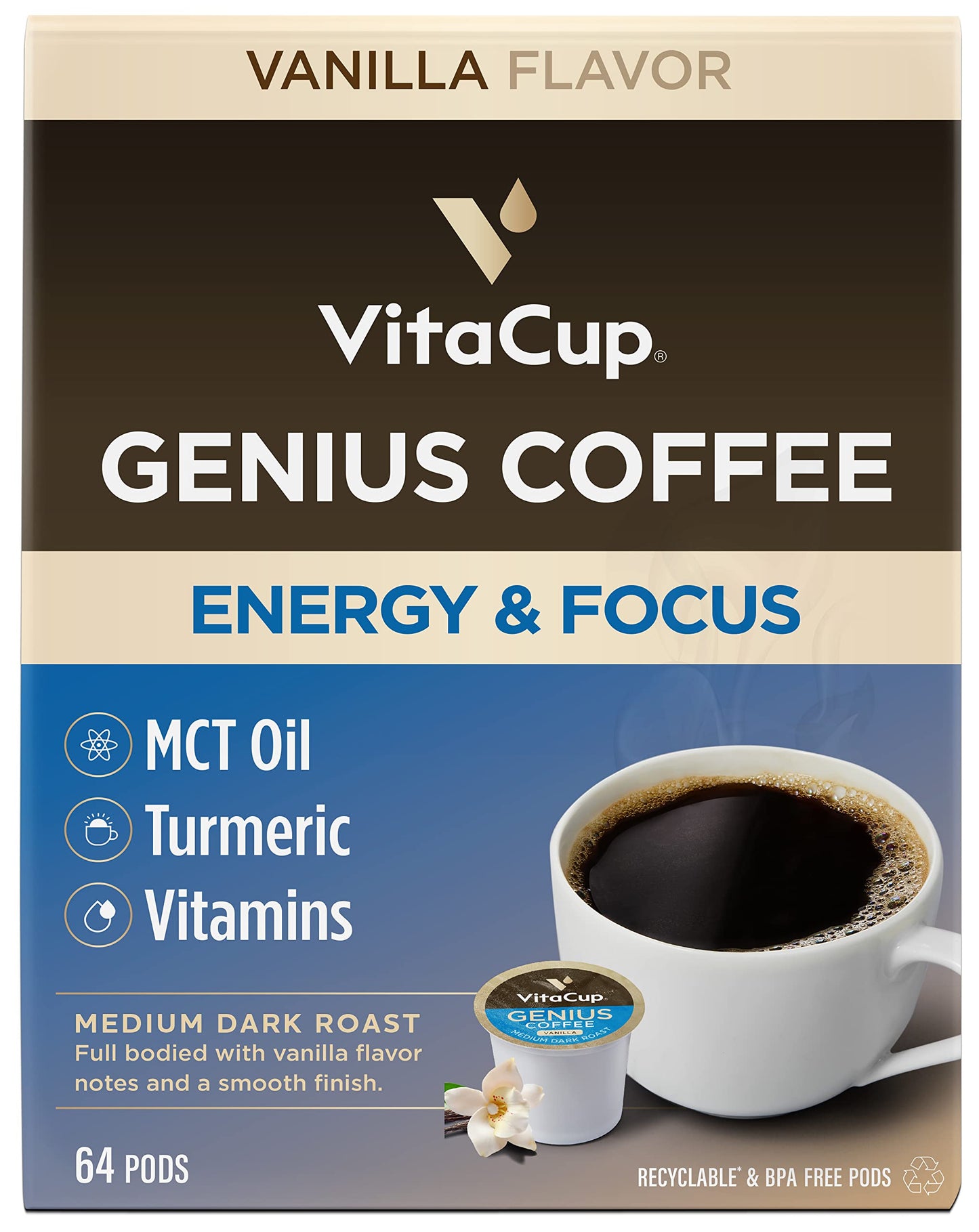 Capsules de café VitaCup Lightning, pour la mémoire et la concentration avec 2X de caféine, grains de café vert, vitamines B, D3, café torréfié foncé et fort, dosettes individuelles recyclables compatibles avec les cafetières Keurig K-Cup, 16 unités 