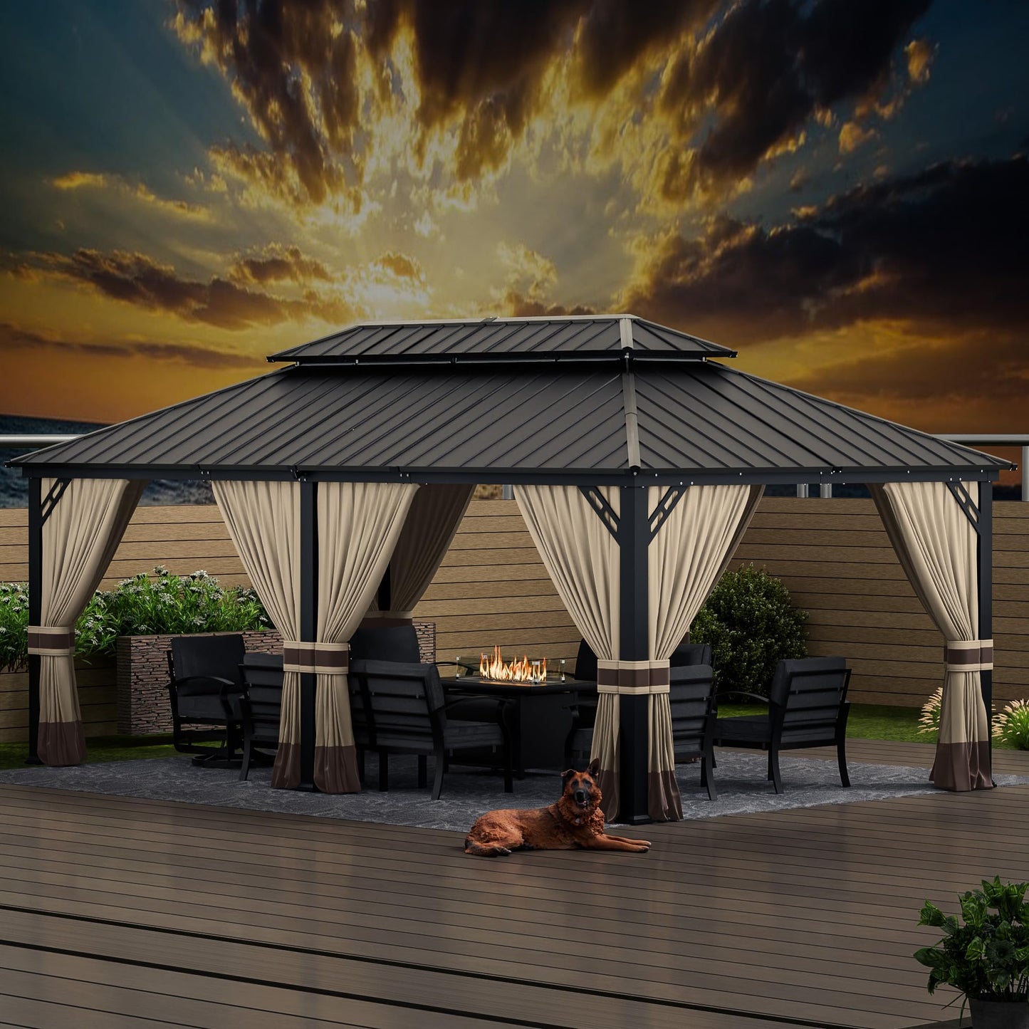 12x20ft Hardtop Gazebo Double Roof, Outdoor Pavilion with 2-Layer Hard top Galvanized Iron Frame Garden Tent, Suitable for courtyards, backyards, Decks, and Grass