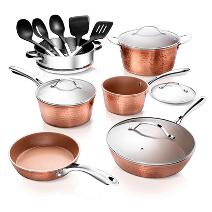 Gotham Steel 10-Piece Nonstick Cookware Set – Ti-Cerama Coating, Skillets, Pots & Steamer Insert – Red
