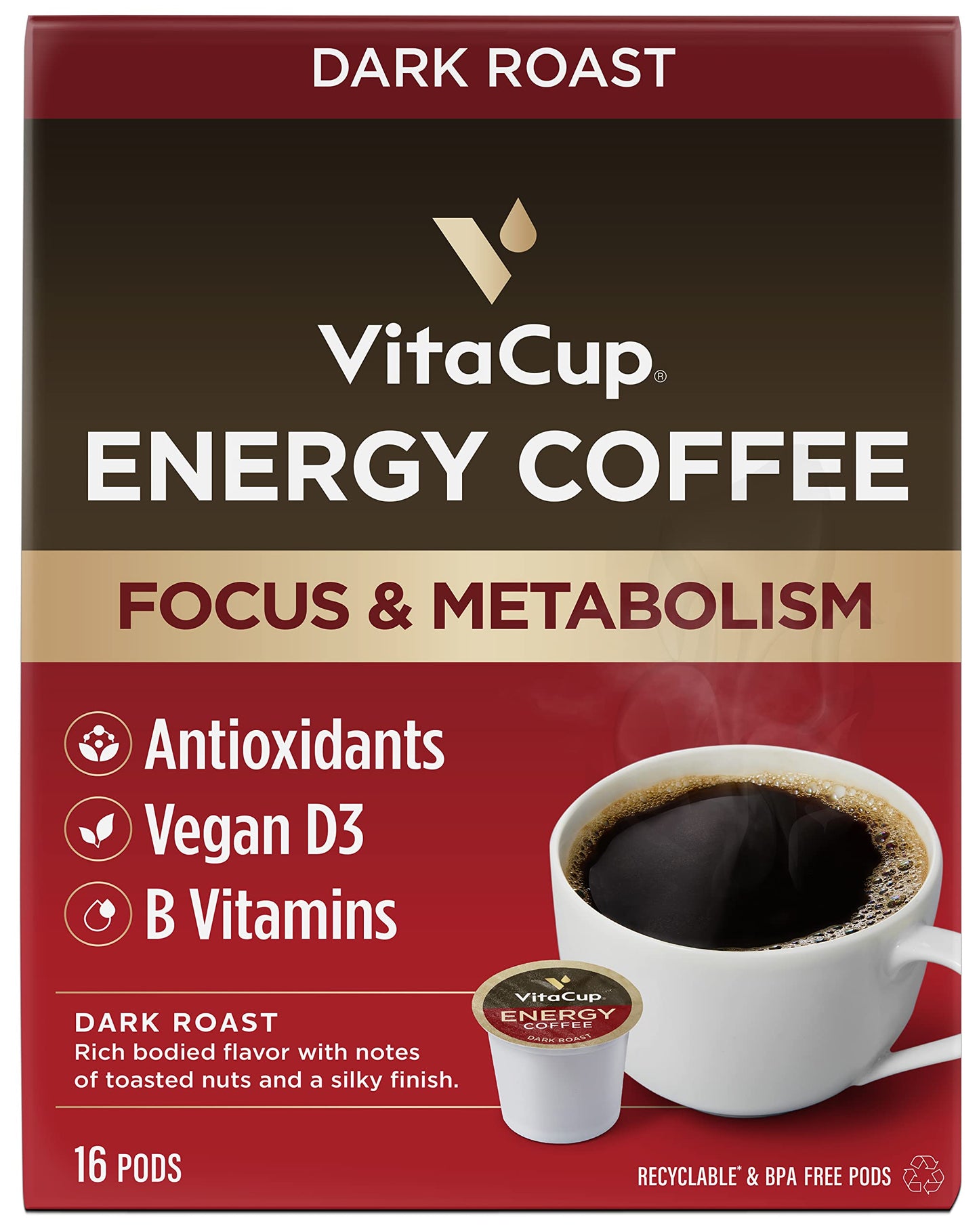 VitaCup Lightning Kaffeepads, für Gedächtnis und Konzentration mit 2x Koffein, grüne Kaffeebohnen, B-Vitamine, D3, starker dunkel gerösteter Kaffee, recycelbare Einzelportionspads, kompatibel mit Keurig K-Cup Kaffeemaschinen, 16 Stück 