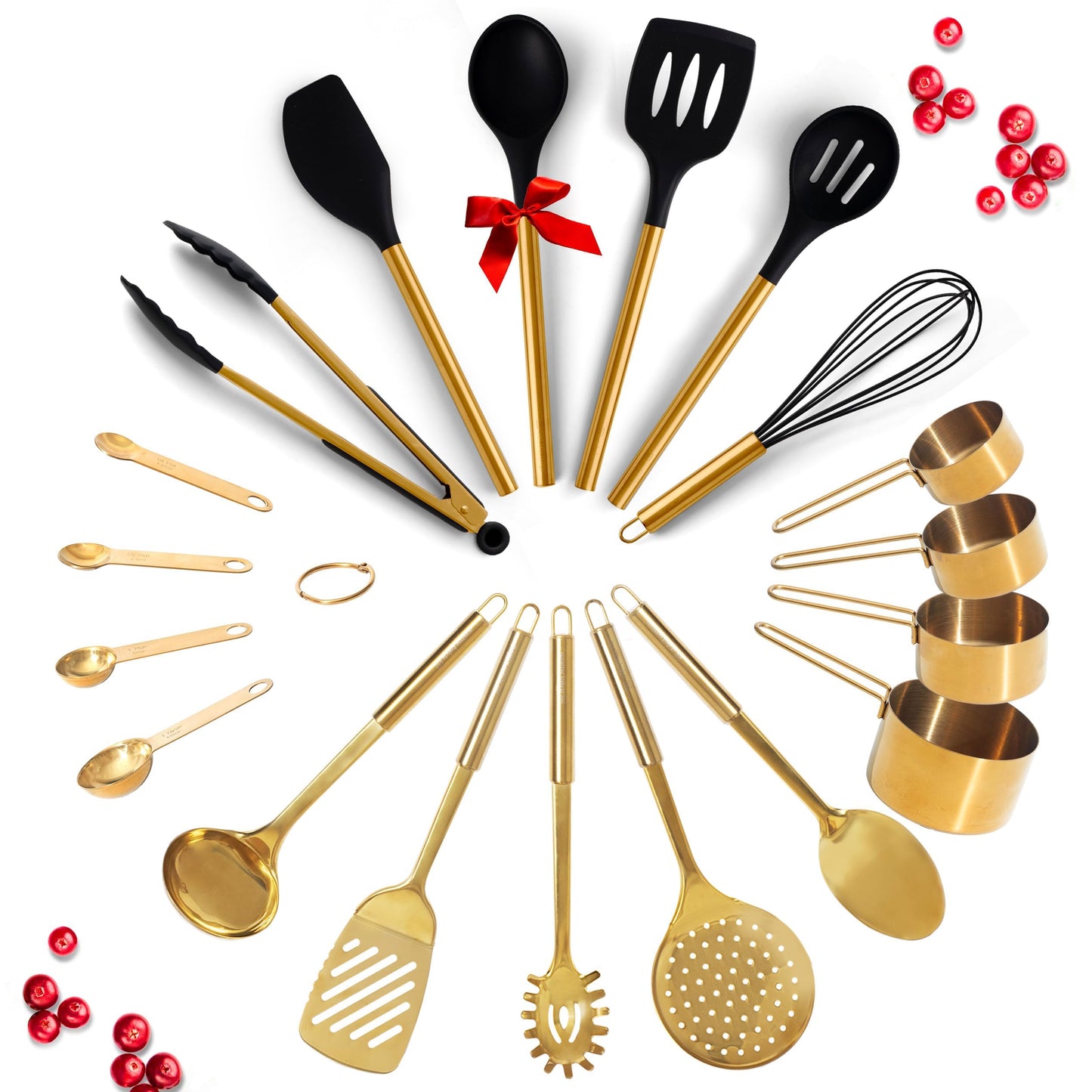 Kupfer-Kochutensilien zum Kochen/Servieren, Küchenutensilien in Roségold – 5-teiliges Set mit Kupfer-Servierutensilien aus Edelstahl – Kupferschöpfkelle, Servierlöffel, Pasta-Serviergabel, Pfannenwender, Schaumlöffel 