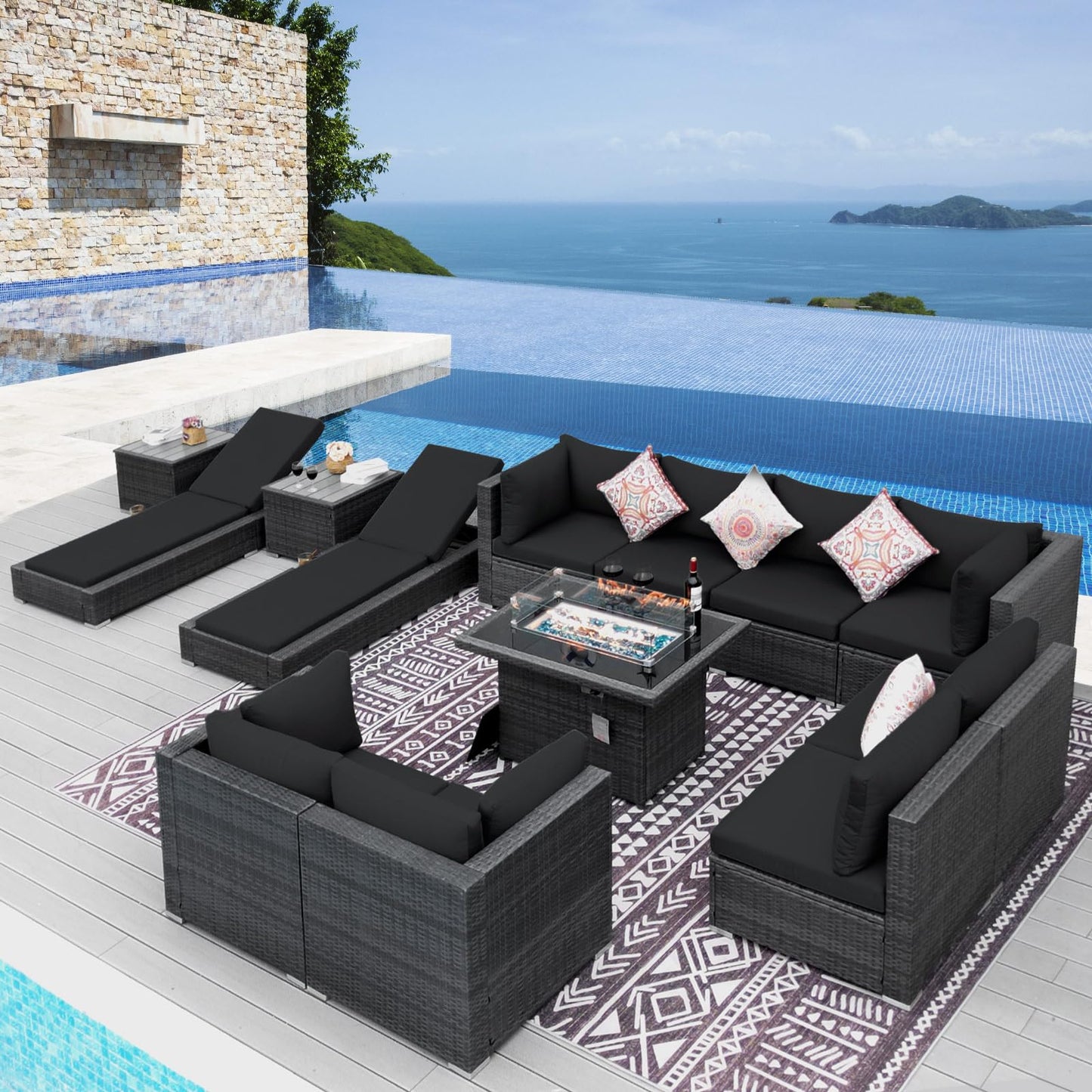 NICESOUL® 13 Piece Luxury Large Patio Furniture Sofa Set with Natural Gas/Propane Fire Pit Table, 29.3" High Back Outdoor Conversation Set, Outside PE Rattan Sectional Sofa, Dark Gray