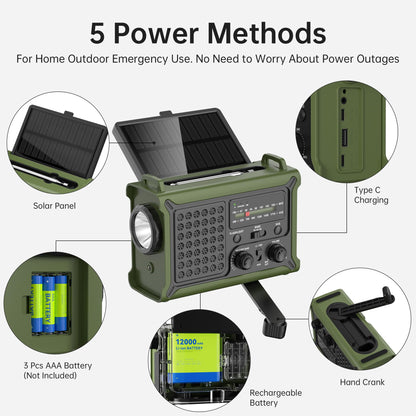 Solar Emergency Weather Radio with Hand Crank, 12000mAh Power Bank, AM/FM/NOAA Radio, Dual USB Phone Charger, SOS & 2-Mode LED Flashlight