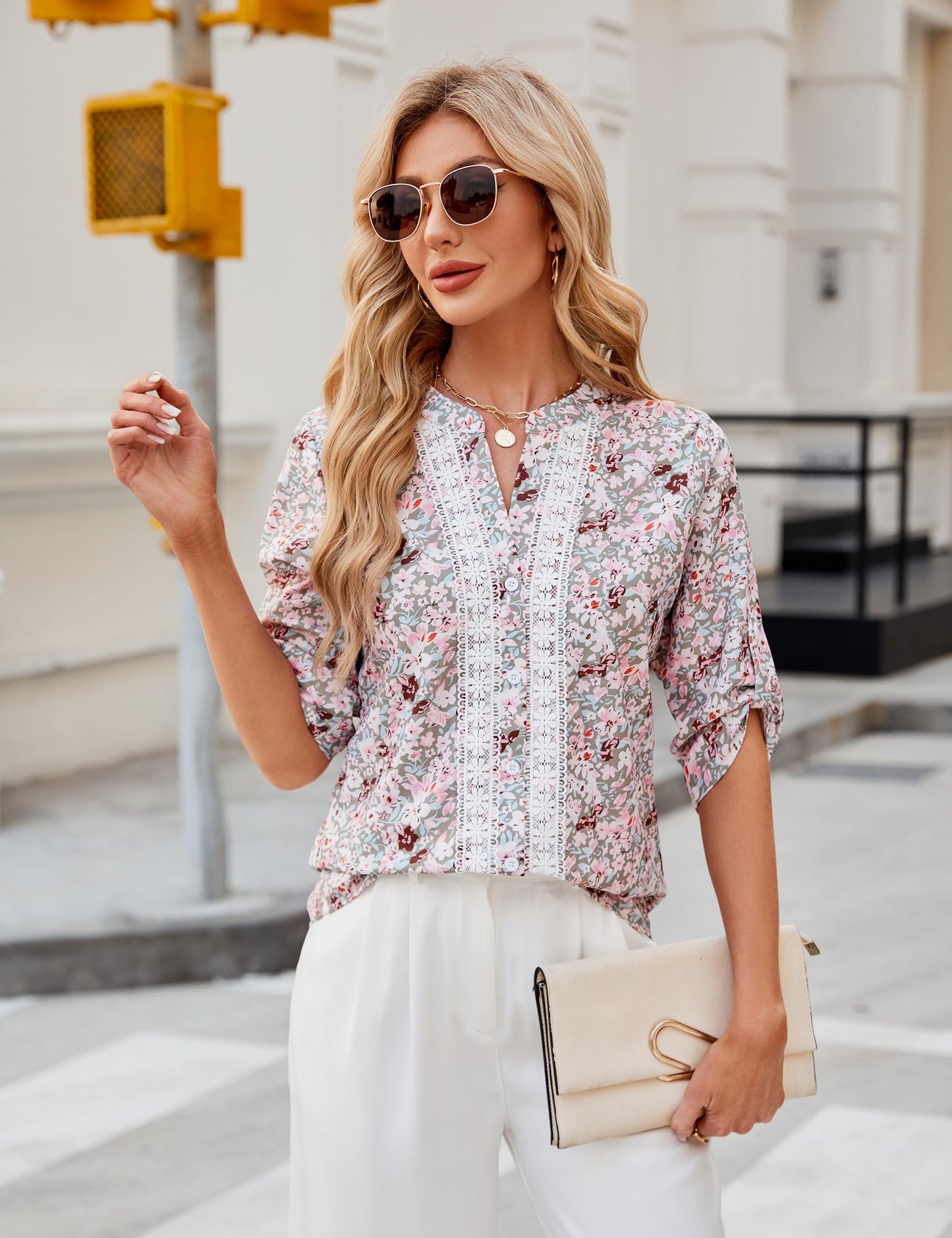 Blooming Jelly Damen Button-Down-Hemden mit Spitze, Häkelarbeit, elegante, lässige Oberteile, 3/4-Ärmel, Arbeits-/Sommer-Outfits 2024