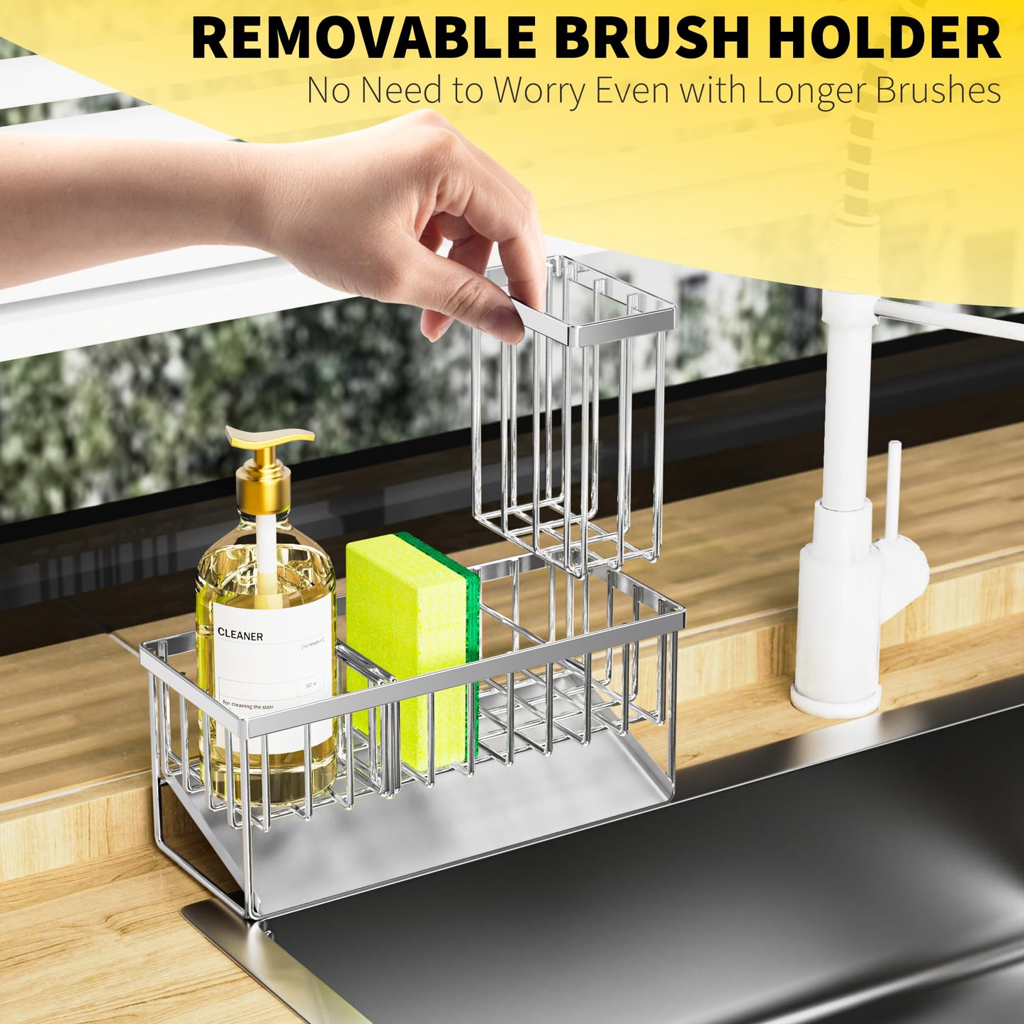 Cisily Kitchen Sink Caddy, Sponge Holder for Kitchen Sink, Kitchen Sink Organzier and Storage with High Brush Holder, Rustproof 304 Stainless Kitchen Gadgets Sink Accessories, Organizadores de Cocina