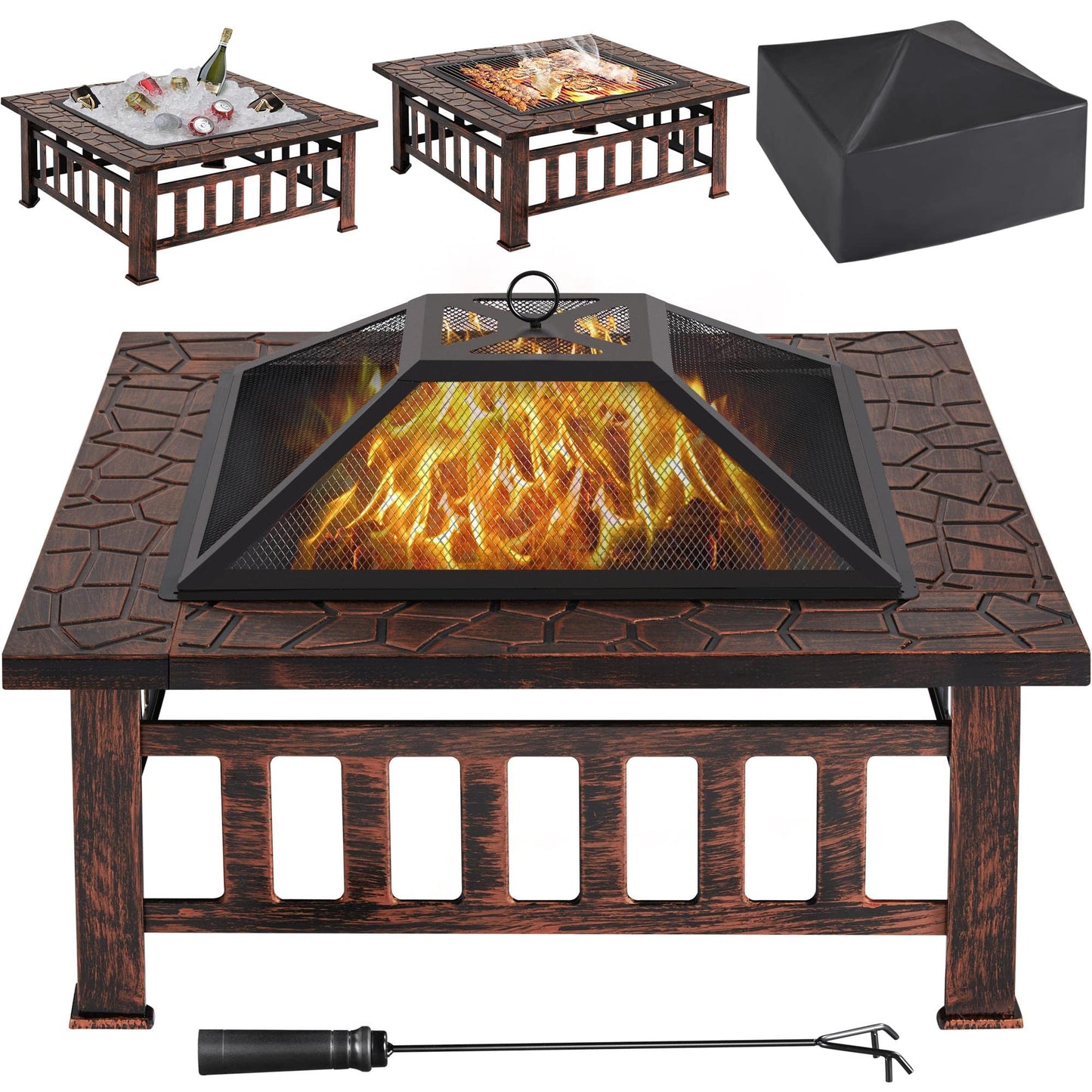 Yaheetech 32in Outdoor Firepit Square Table Backyard Patio Garden Stove Wood Burning Fire Pit with Spark Screen, Log Poker and Cover