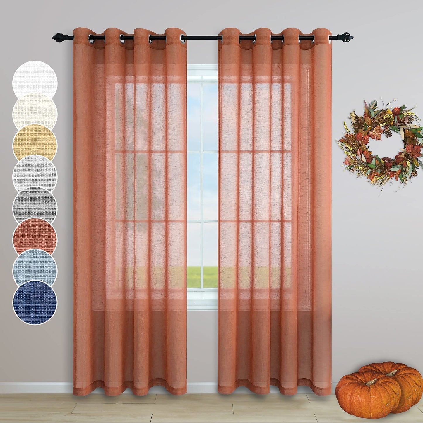 Burnt Orange Sheer Curtains 96 Inches Long for Living Room 2 Panel Set Grommet Window Coverings Pumpkin Winter Curtain for Dining Room Home Office Sunroom Cabin Closet Door Halloween Decor Brown 52x96