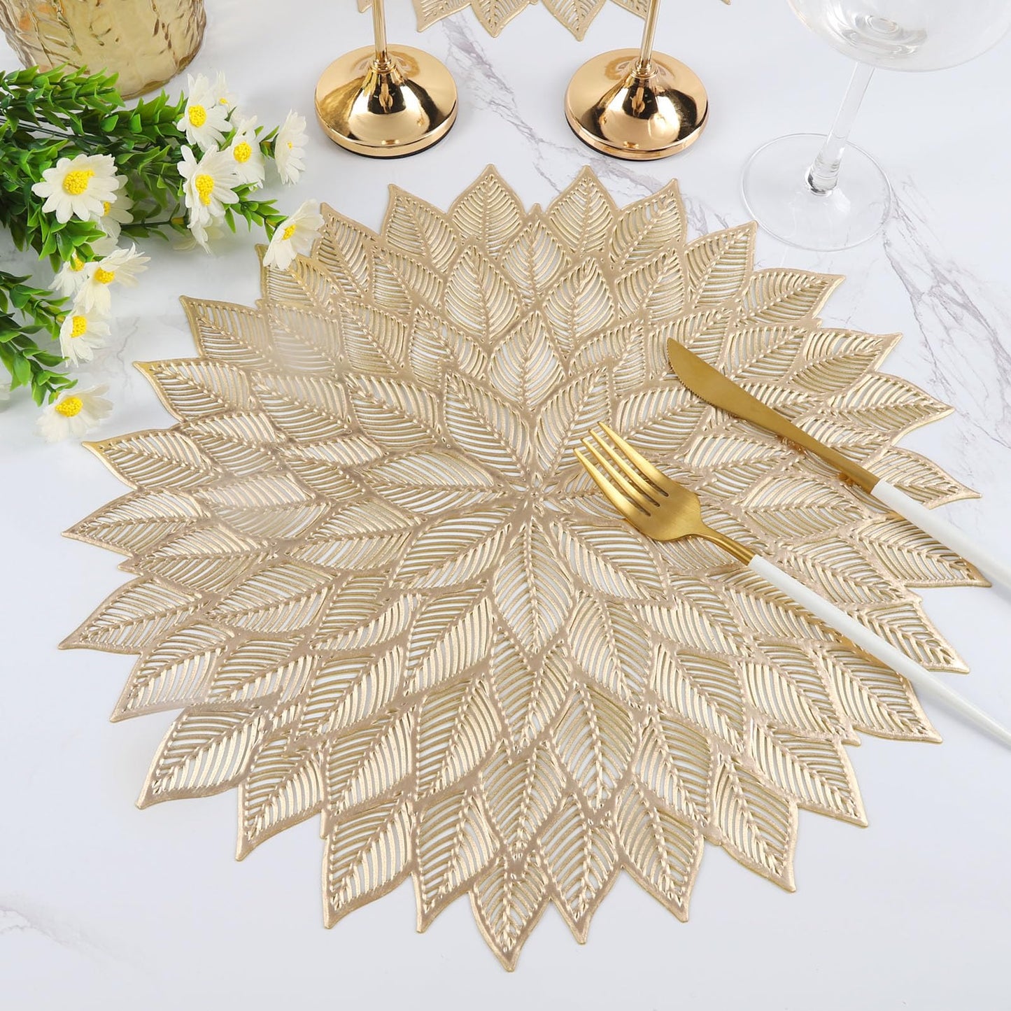 Placemats Set of 6, Round Hollow Out Flowers Place Mats for Dining Table Pressed Vinyl Blooming Leaf Table Mats for Holiday Party Wedding Accent Centerpiece Dinner Table Decoration (Gold)