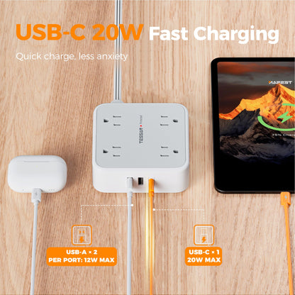 Surge Protector Flat Extension Cord Flat Plug Power Strip, 8 AC Outlets, 3 USB Charger(1 USB C Port) 3-Sided Outlet Extender, 5 Ft, 900 Joules Protection